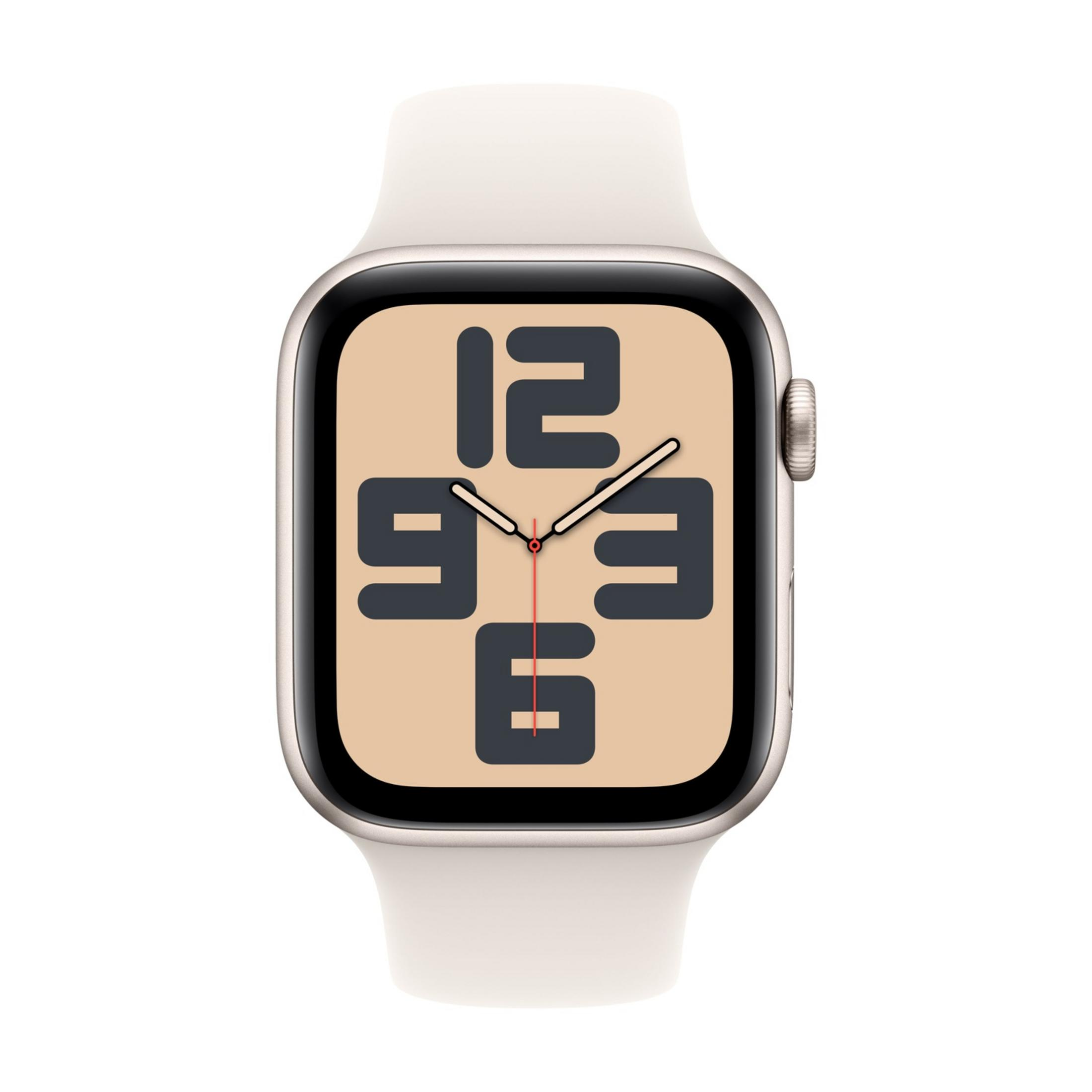 Biały Apple Watch z tarczą pokazującą cyfry 12, 9, 3 i 6.