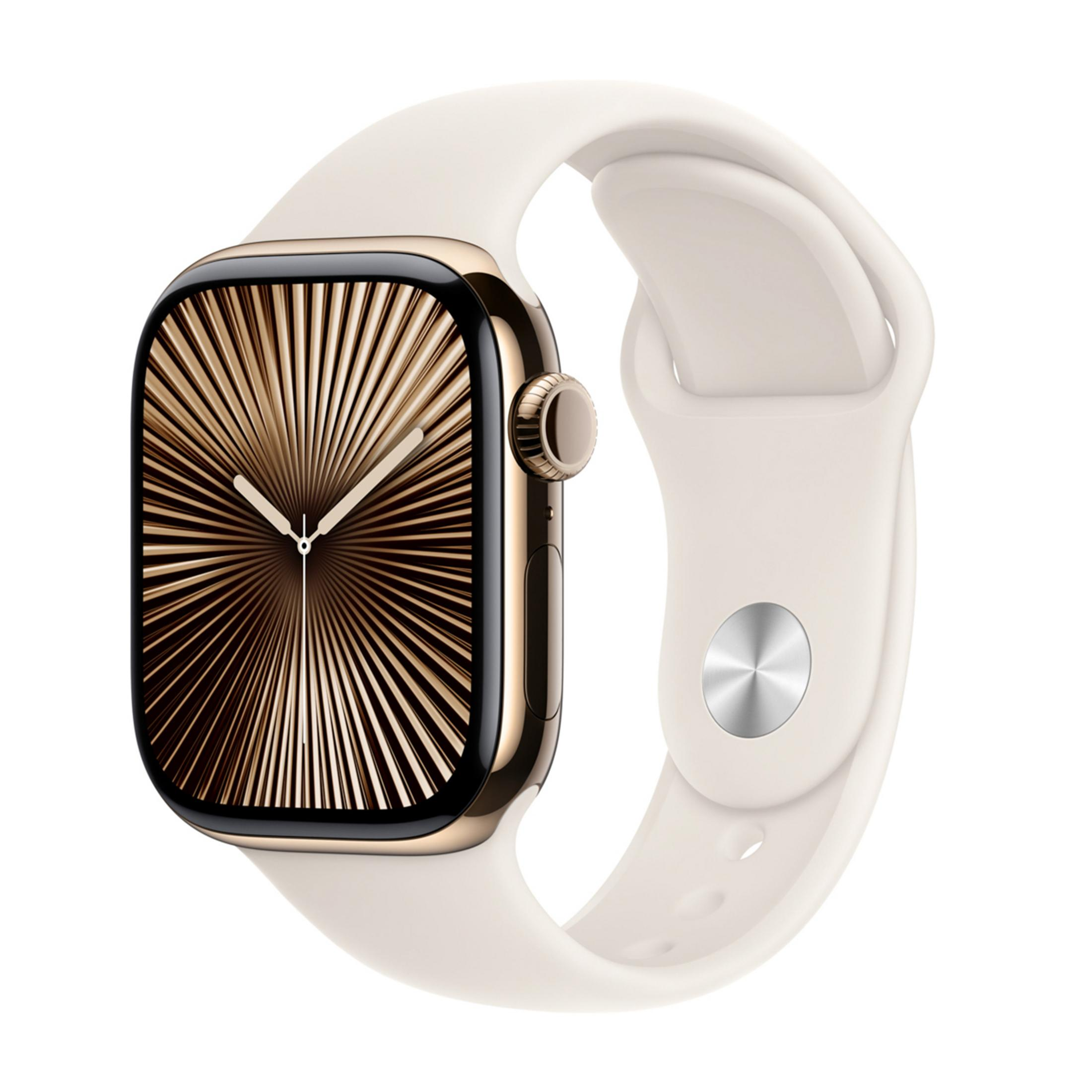 Złoty smartwatch z jasnobeżowym paskiem i tarczą w kształcie promieni słońca.