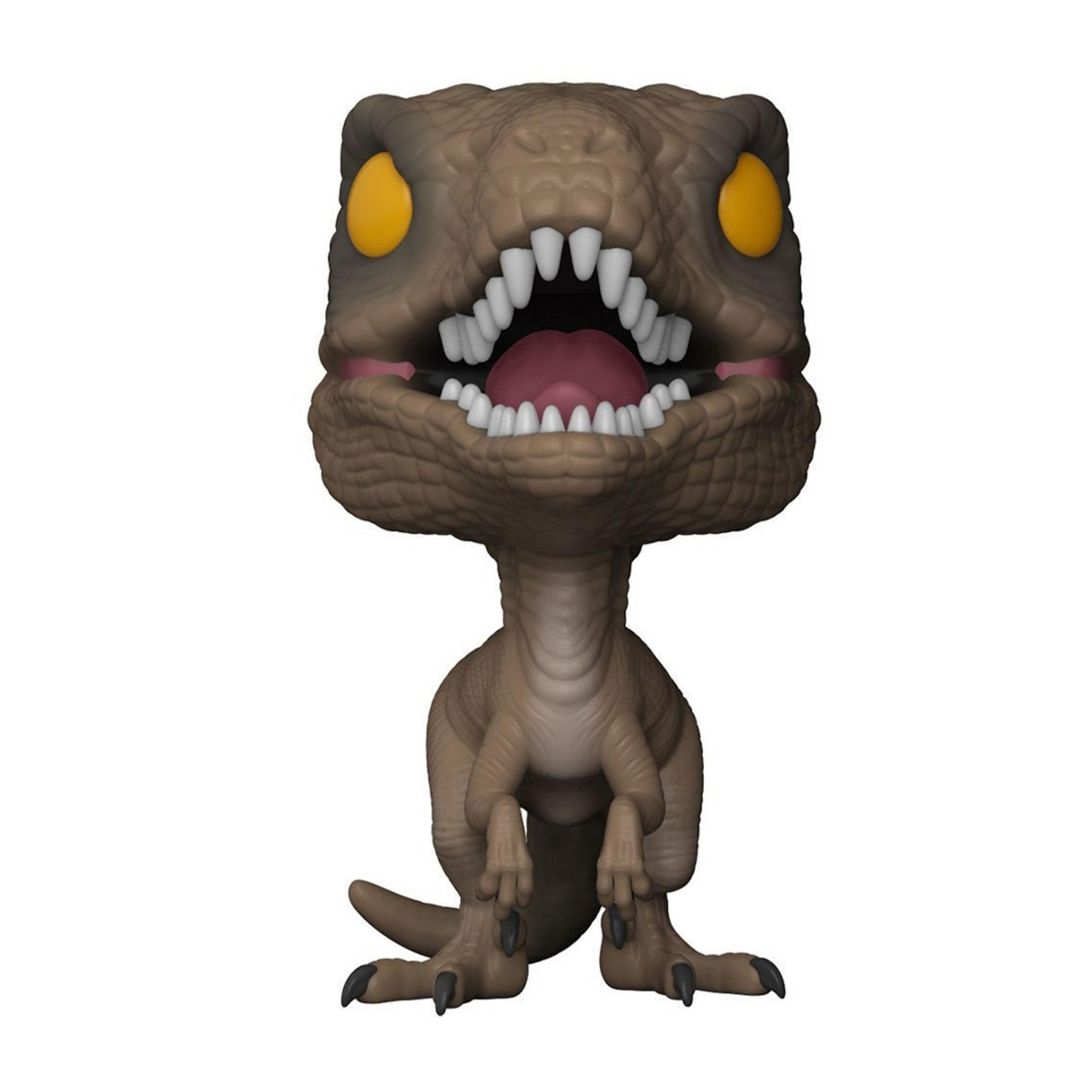 Una figura di dinosauro marrone con occhi gialli e bocca aperta.