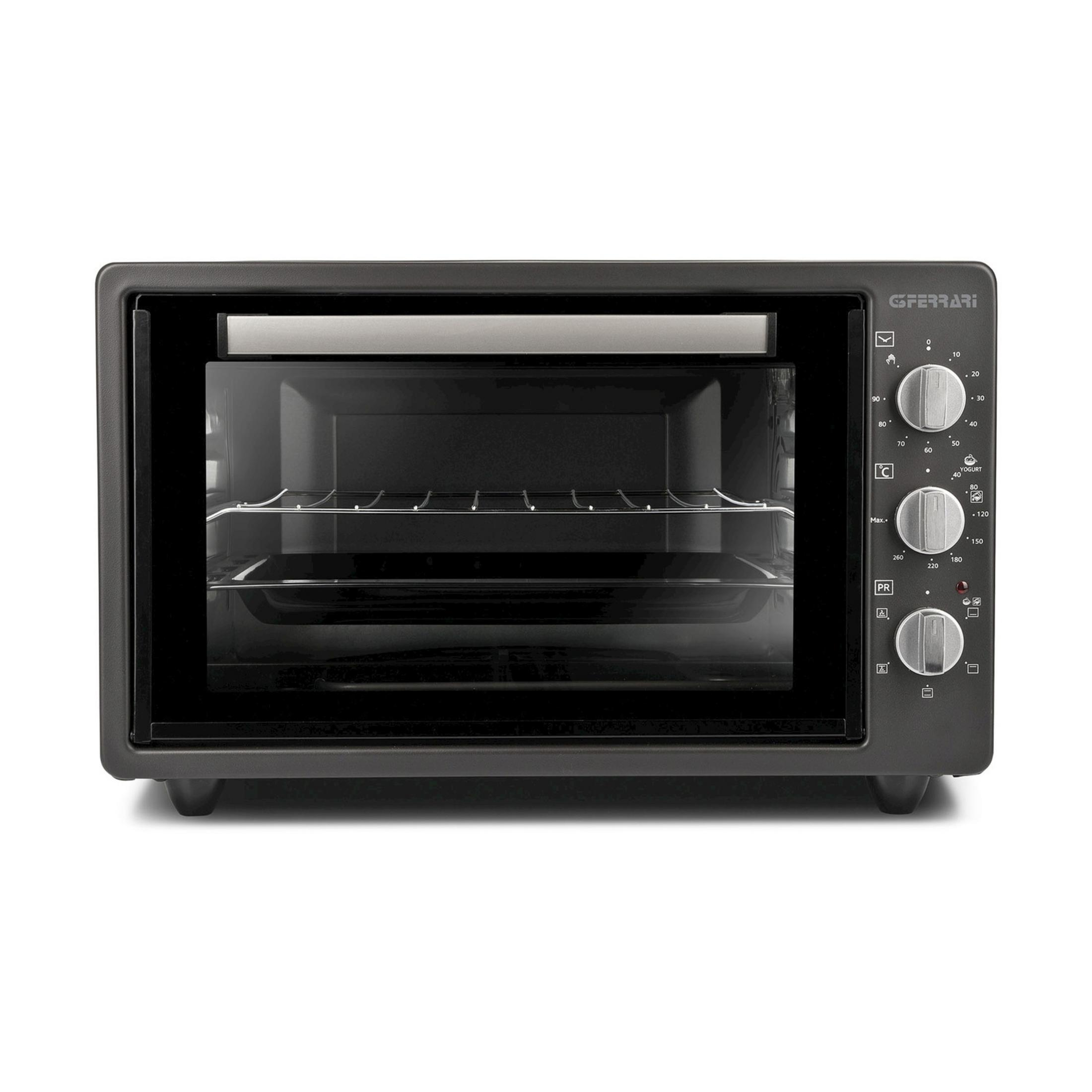 Un forno scuro da banco con porta in vetro e manopole di controllo. All'interno sono visibili delle griglie.