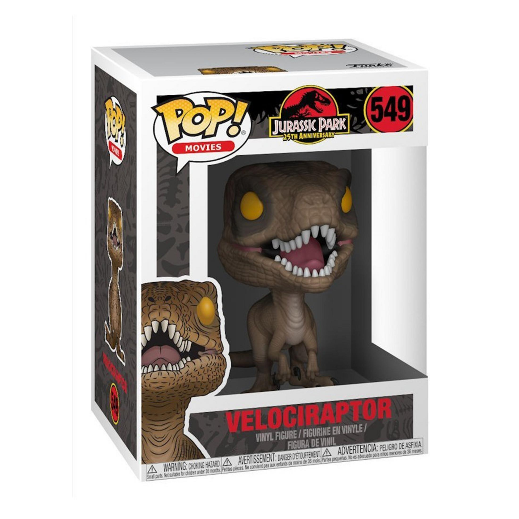 Una figura da collezione in vinile Funko Pop! Velociraptor marrone in confezione Jurassic Park.