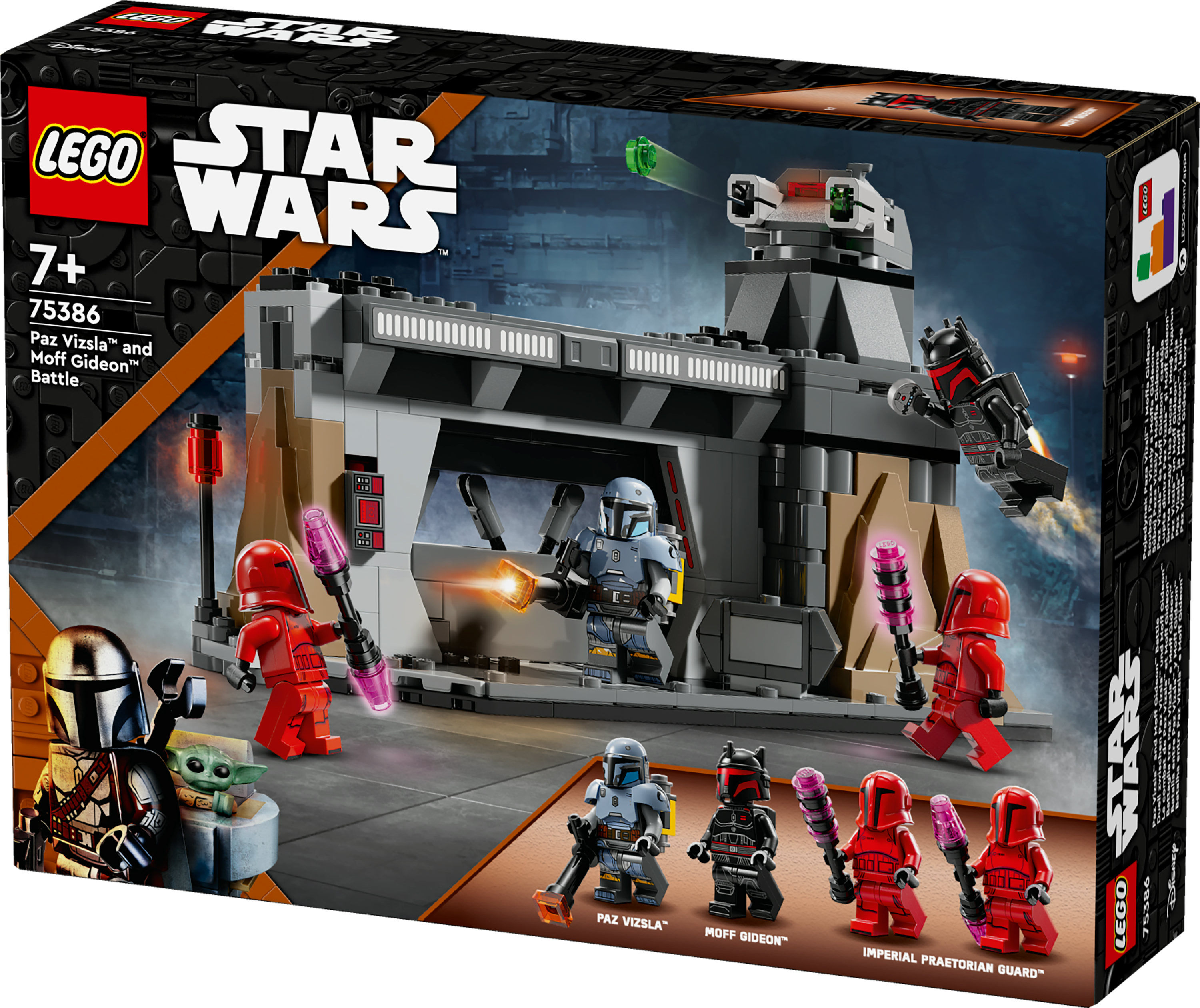 Zestaw Lego Star Wars z Paz Vizsla, Moffem Gideonem, Grogu i żołnierzami.