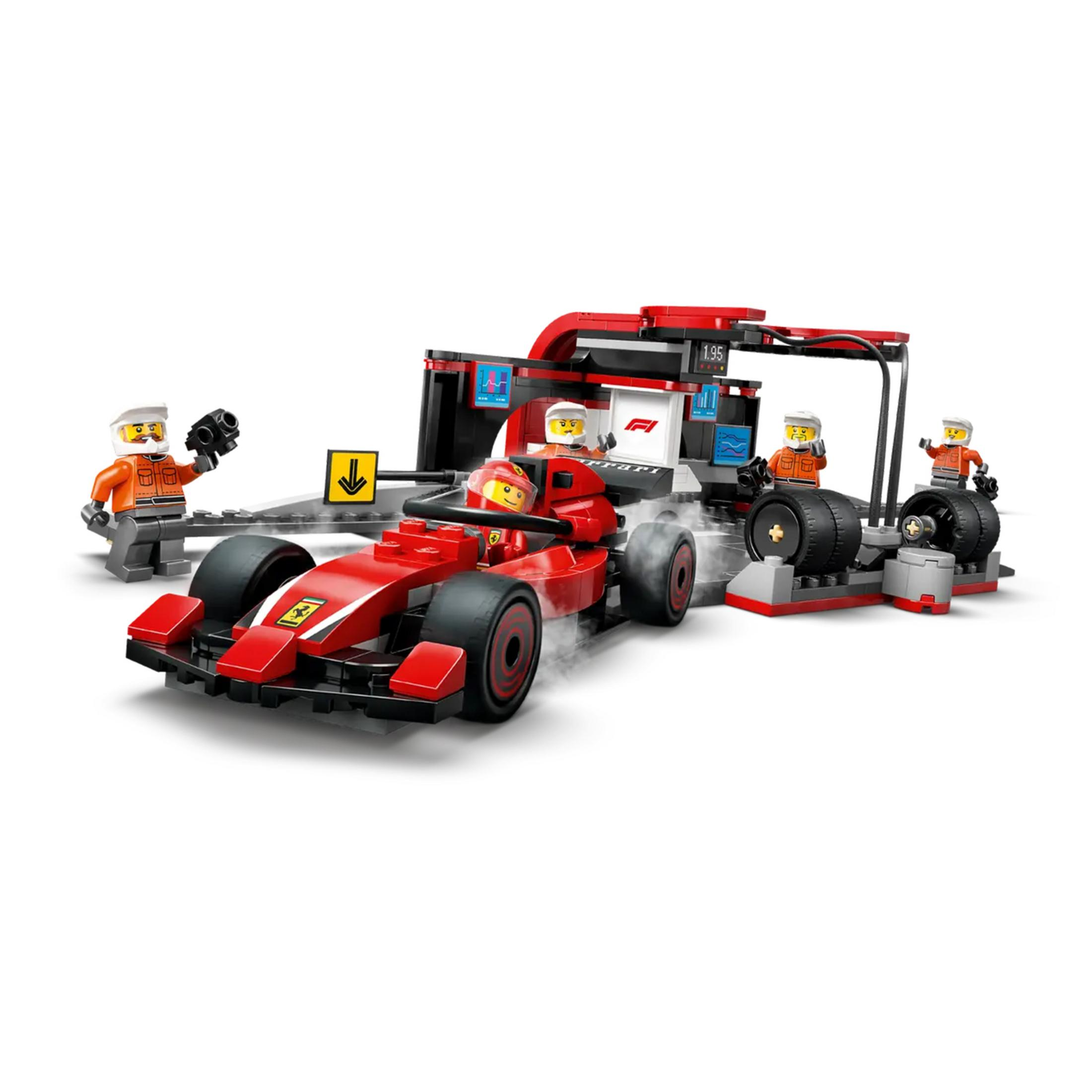 Ein roter Lego-Formel-1-Wagen mit Boxenstopp-Crew und Ausrüstung.