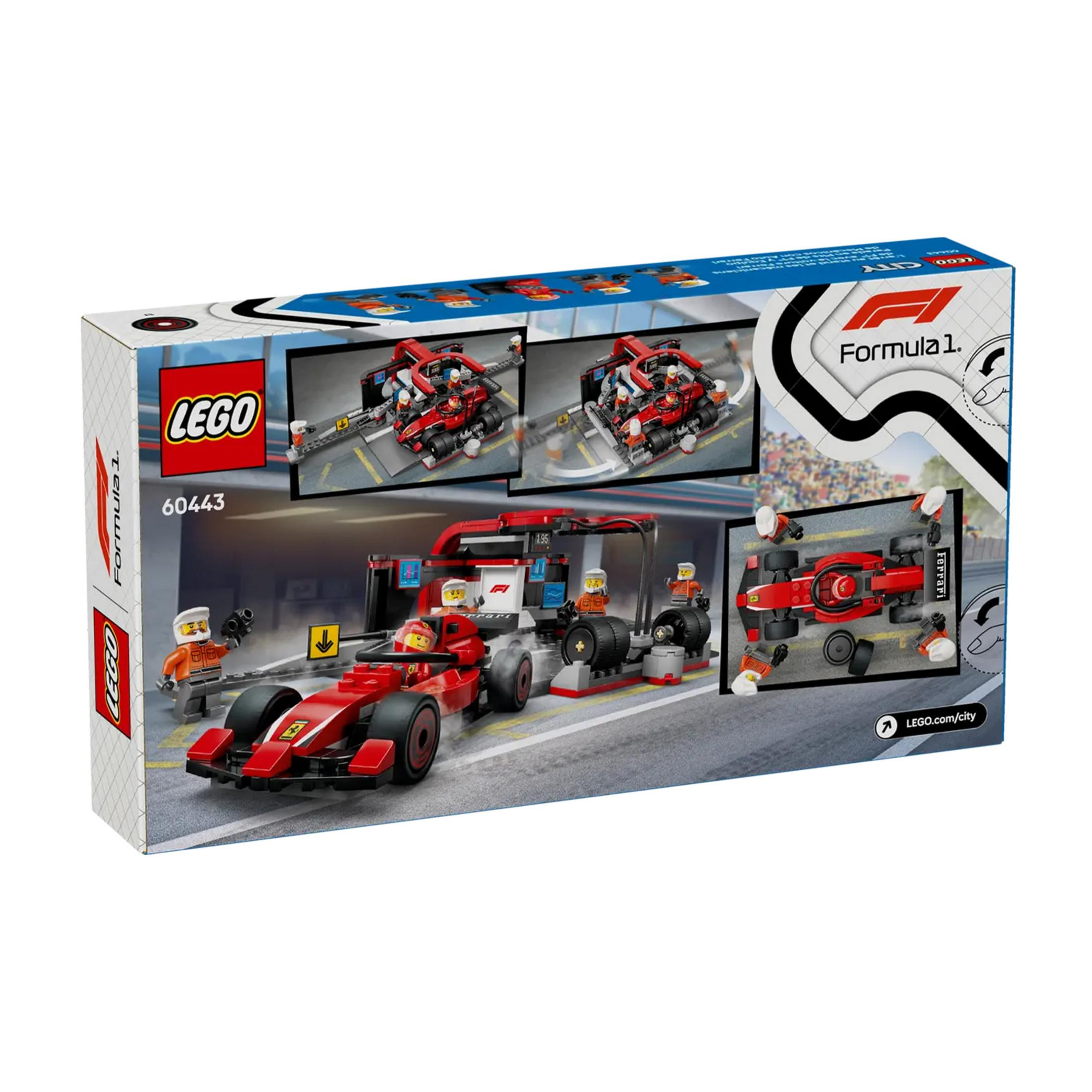 Lego Formel 1 Rennwagen und Boxengasse mit Mechanikern.