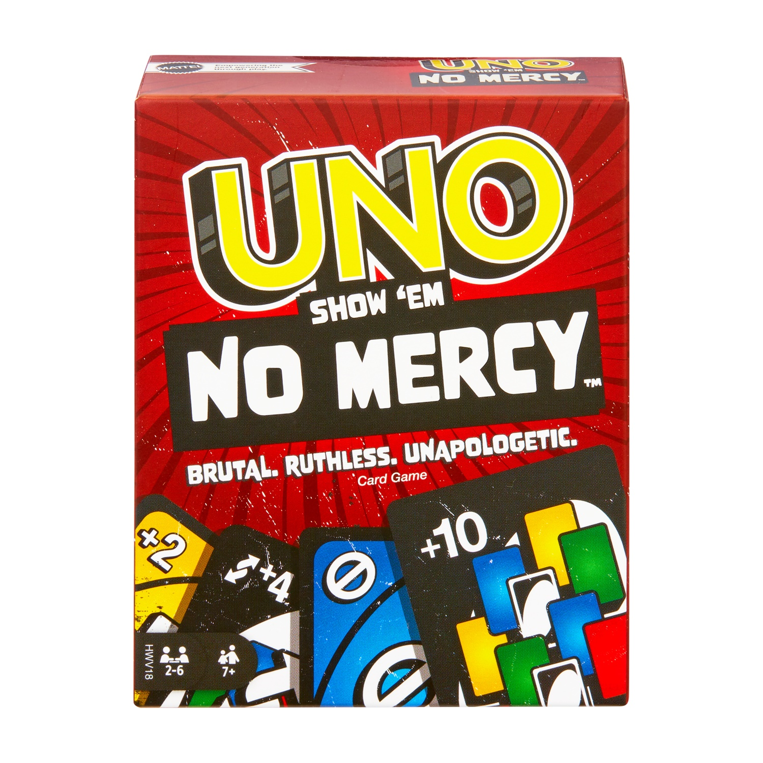Scatola del gioco di carte UNO No Mercy con carte rosse, gialle e nere.