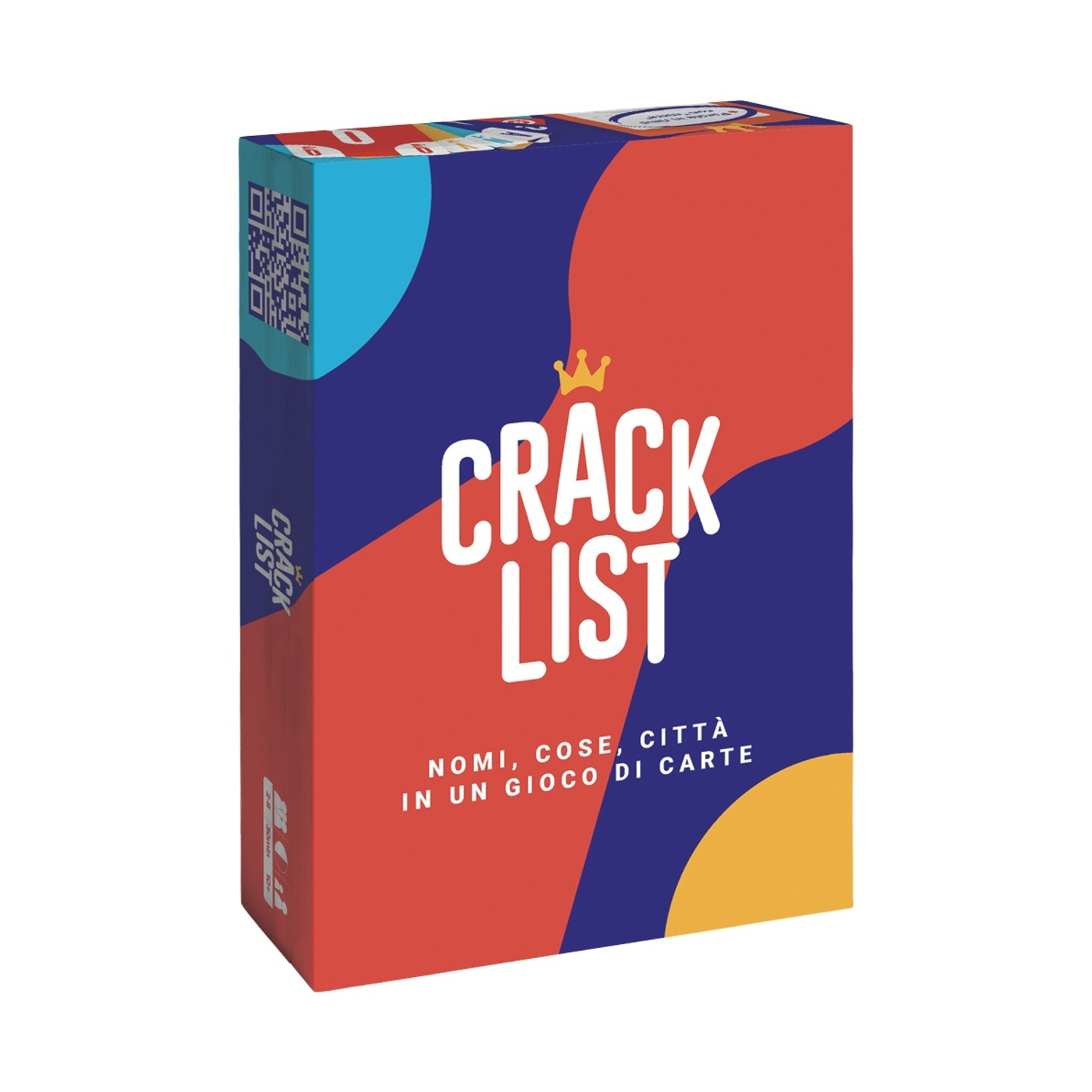 Scatola del gioco di carte Crack List, con forme geometriche colorate.