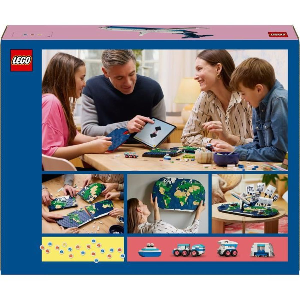 Familie baut mit Lego eine Weltkarte und Fahrzeuge. Bilder zeigen den Prozess.