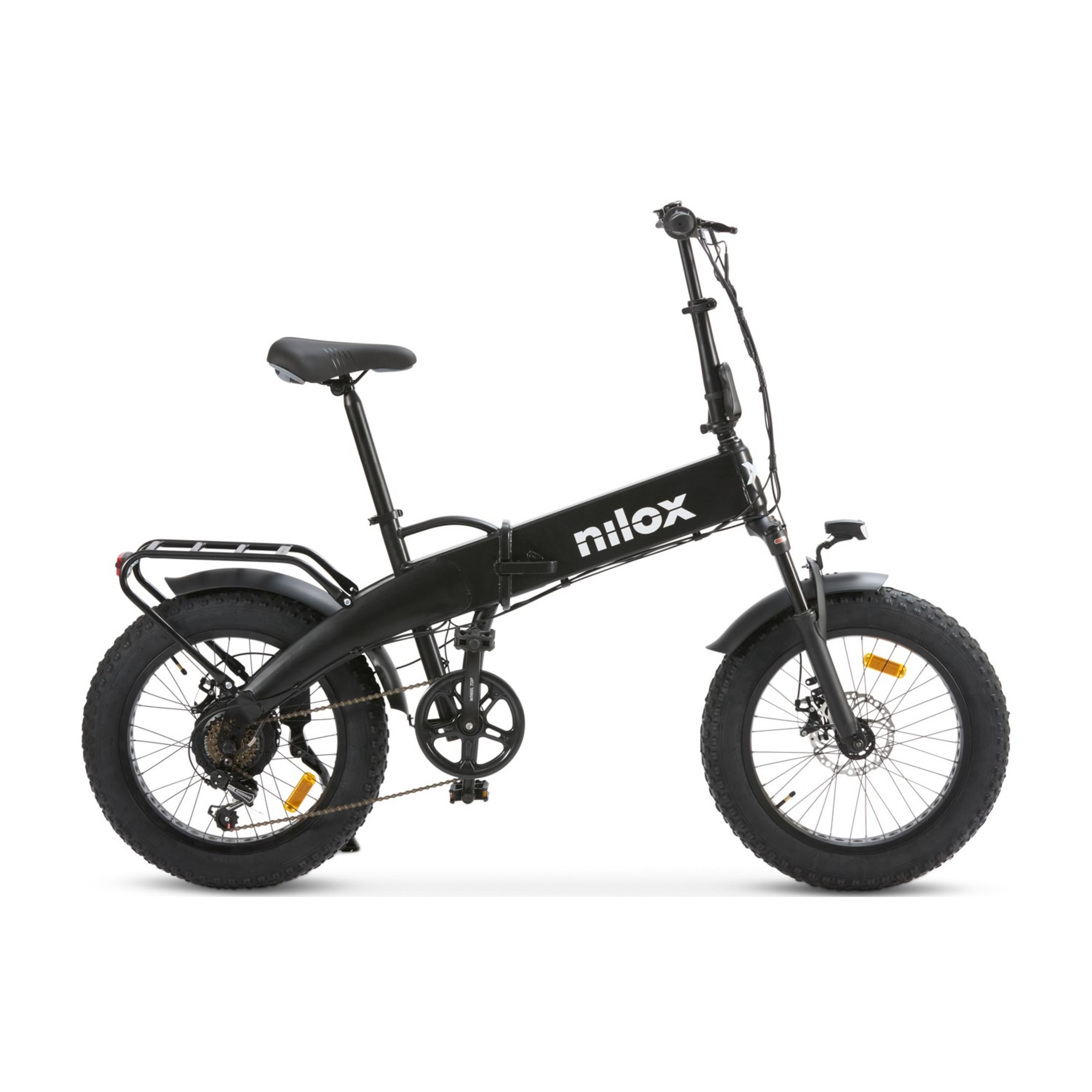 Czarny składany rower elektryczny z grubymi oponami, bagażnikiem i logo Nilox.