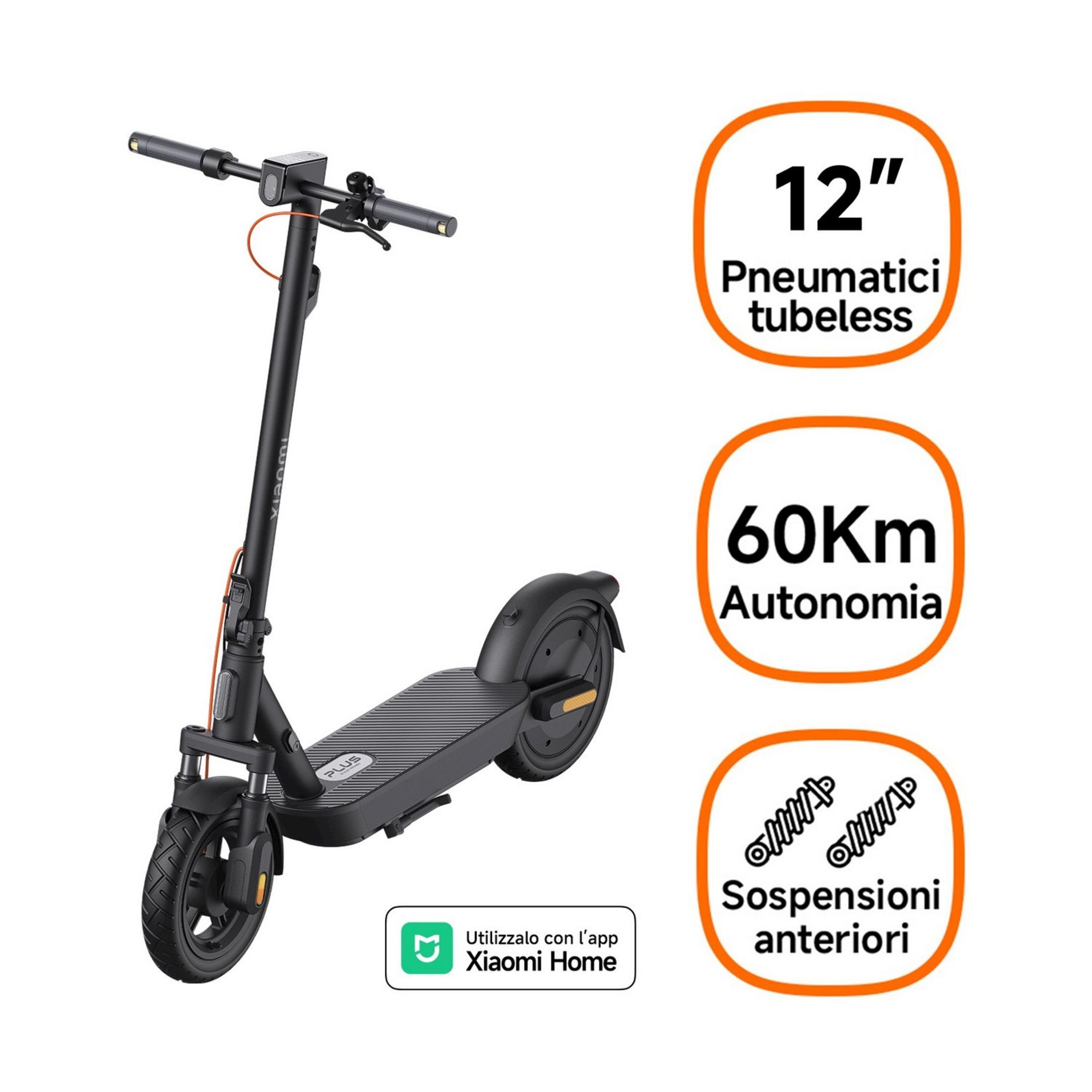 Monopattino elettrico nero con ruote da 12 pollici, autonomia 60 km.