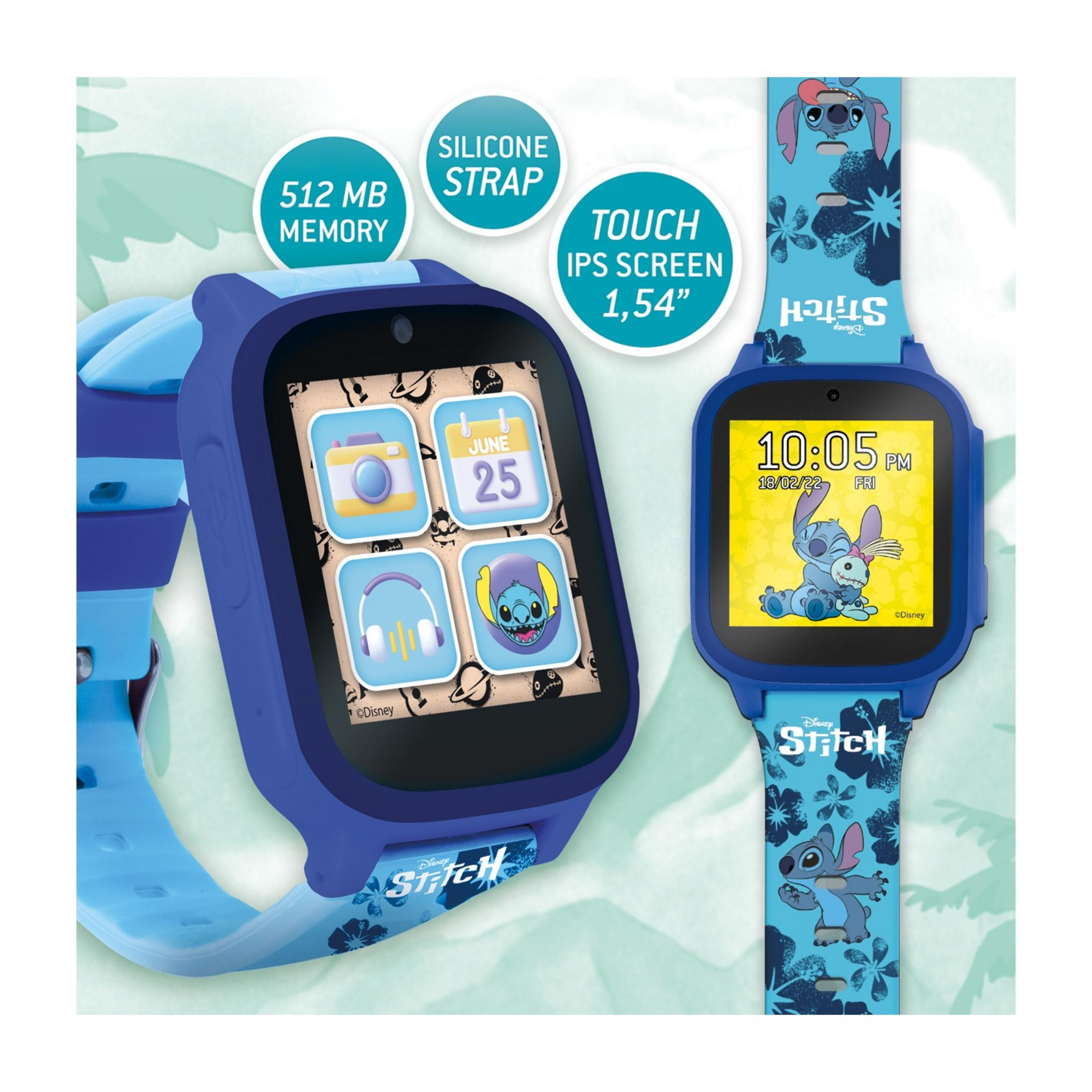 Smartwatch blu Stitch con touchscreen e cinturino in silicone, mostra ora e data.