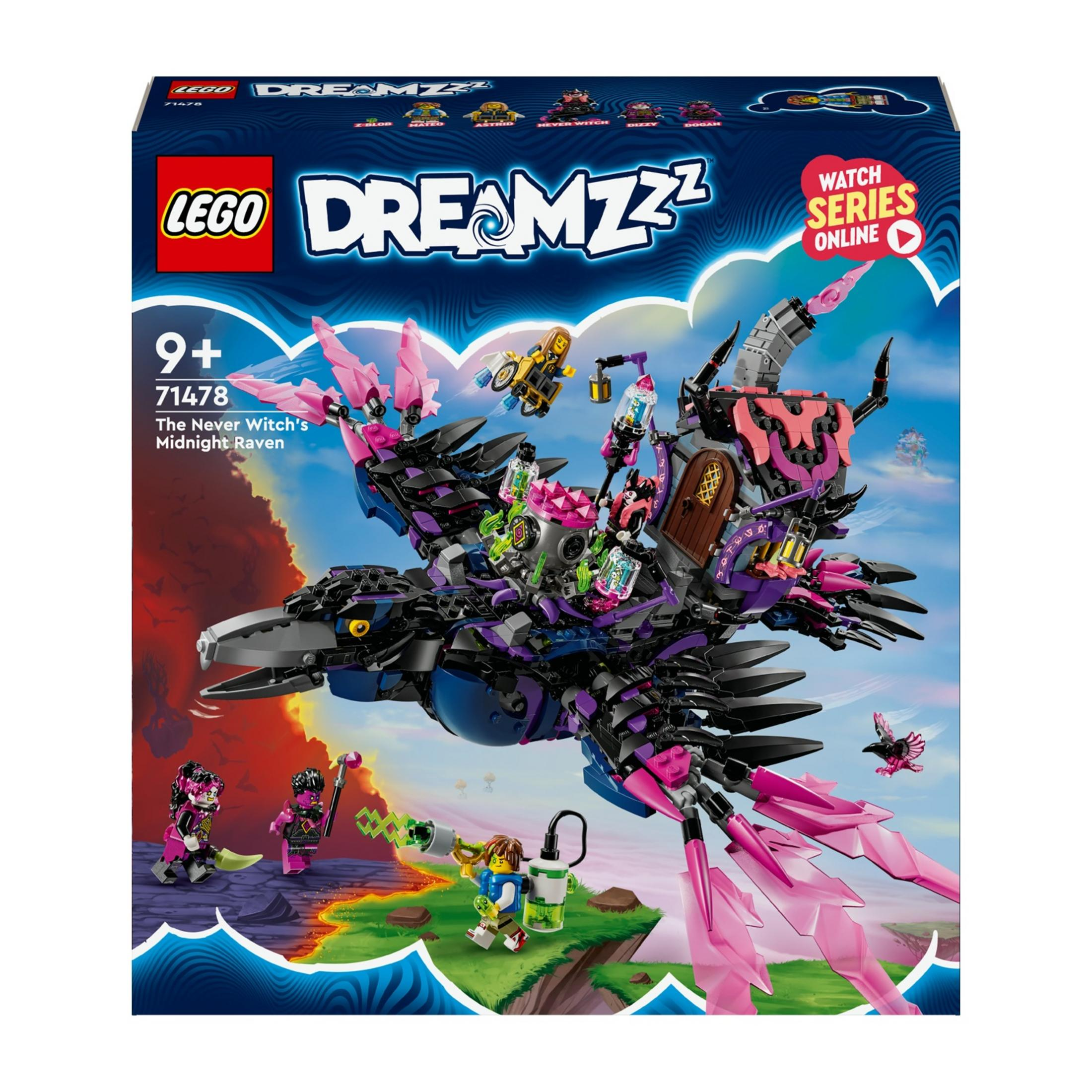 Lego Dreamzzz-Box-Art: Ein großer schwarz-violetter Rabe mit rosa Flügeln fliegt am Himmel.