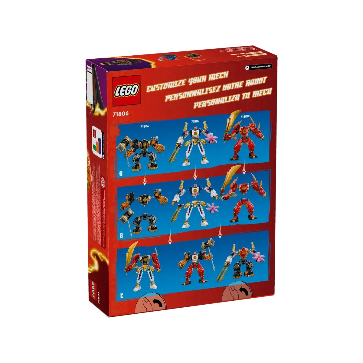 LEGO Ninjago Box zeigt Mech-Anpassungsmöglichkeiten mit verschiedenen Modellen.
