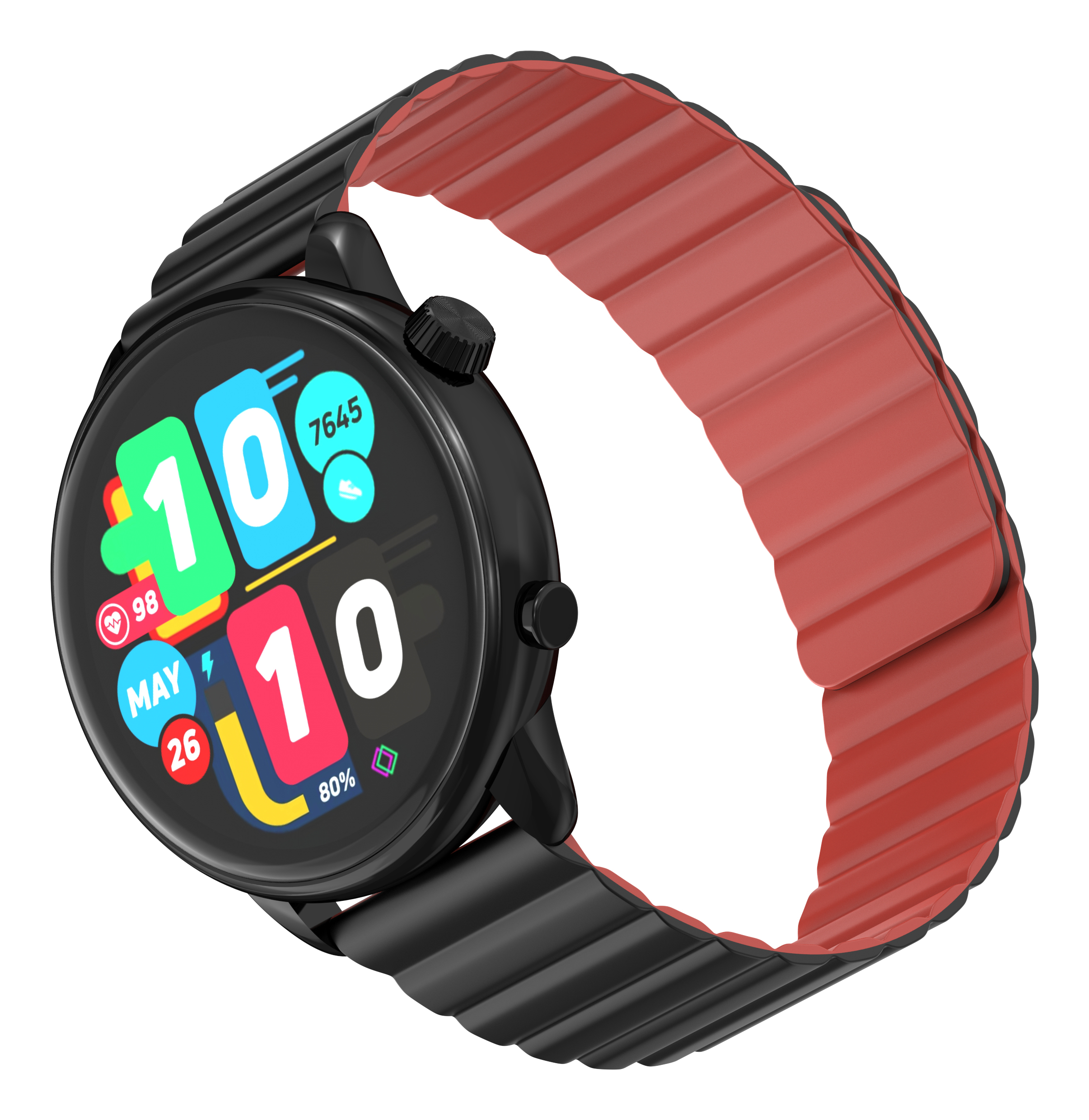 Uno smartwatch nero con cinturino rosso e display colorato che mostra ora e dati.