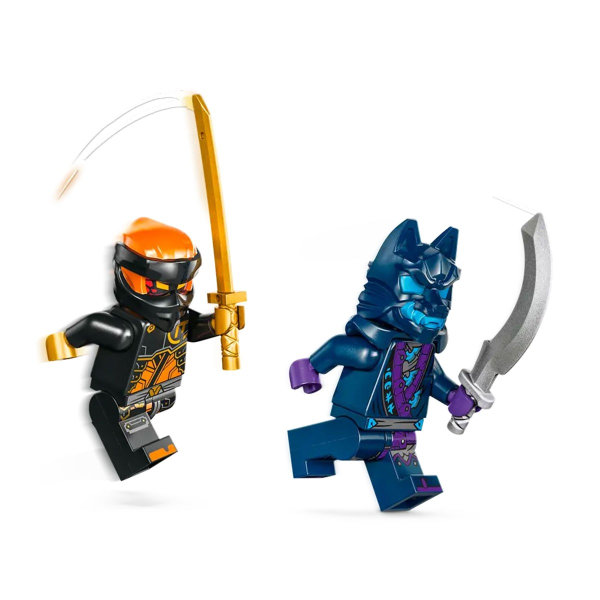 Zwei Lego-Ninjas mit Waffen, einer in Schwarz mit orangefarbenem Helm und Gold-Schwert.