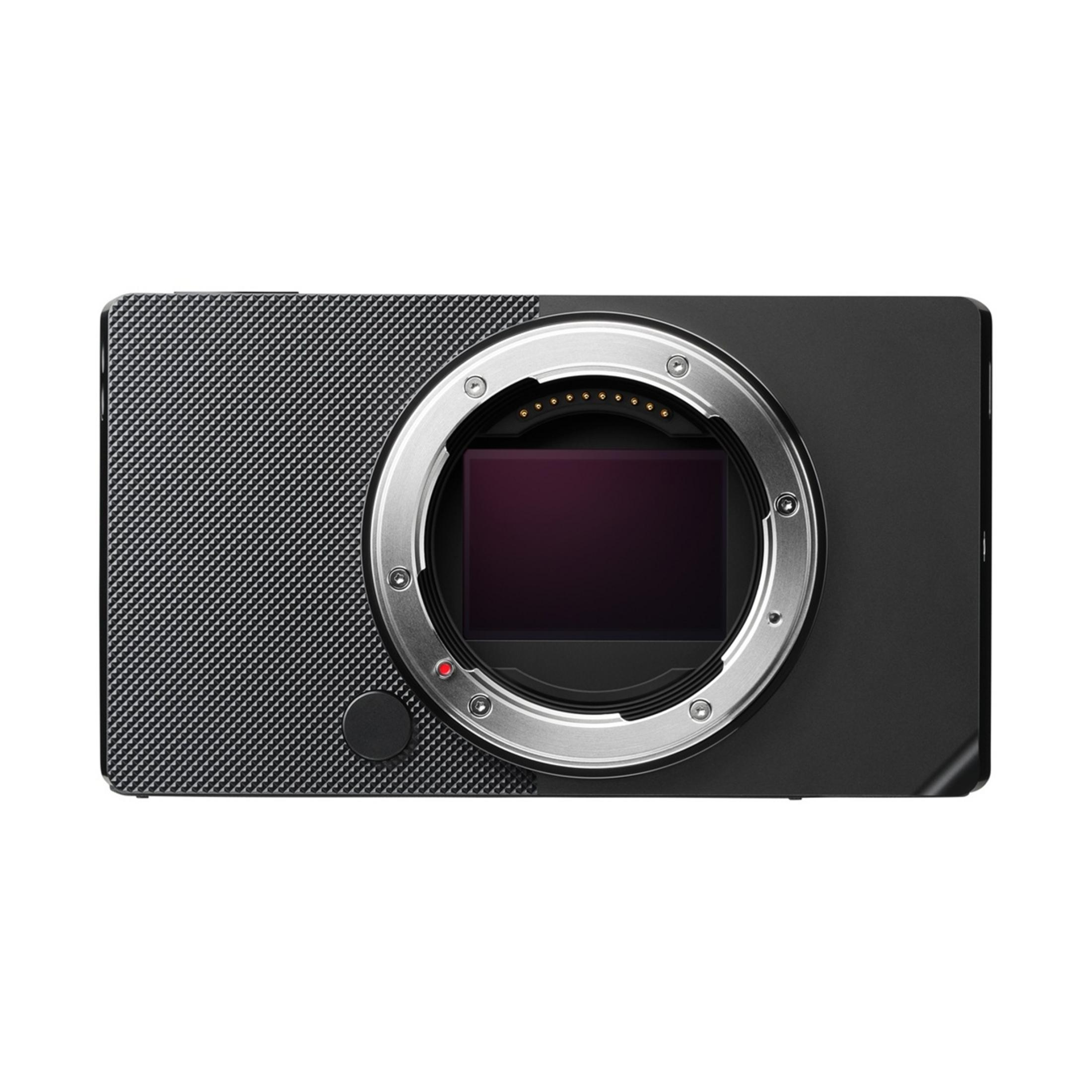 A black digital camera with a silver lens mount and visible sensor.