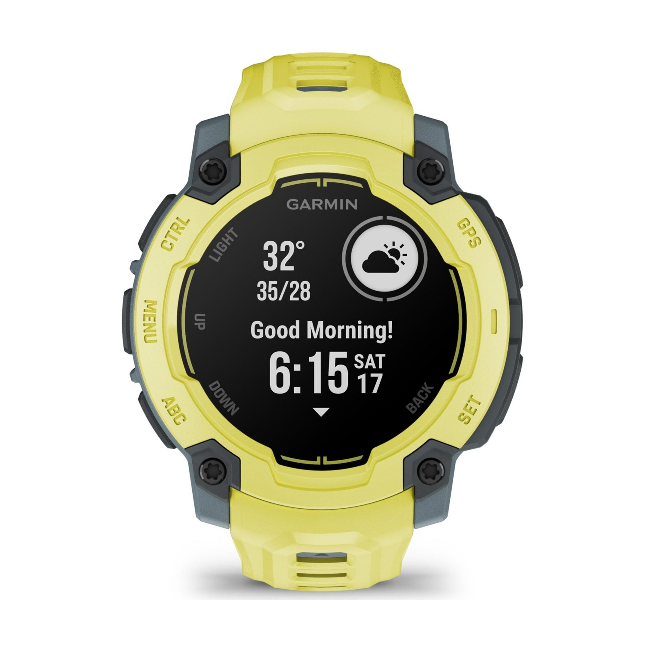 Żółty smartwatch Garmin pokazujący godzinę 6:15, temperaturę 32° i ikonę pogody.