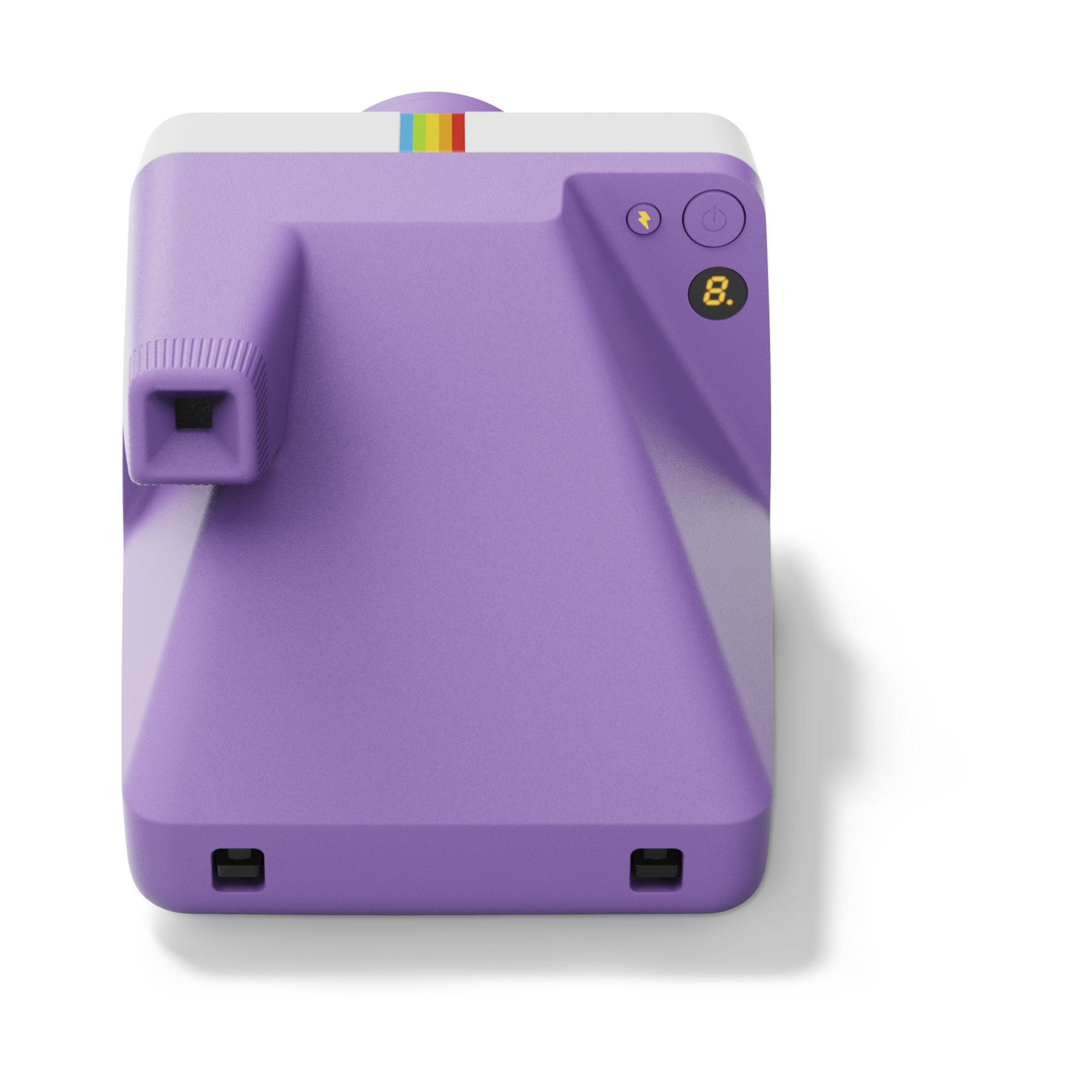 Una fotocamera istantanea viola con striscia arcobaleno e pulsanti di controllo.