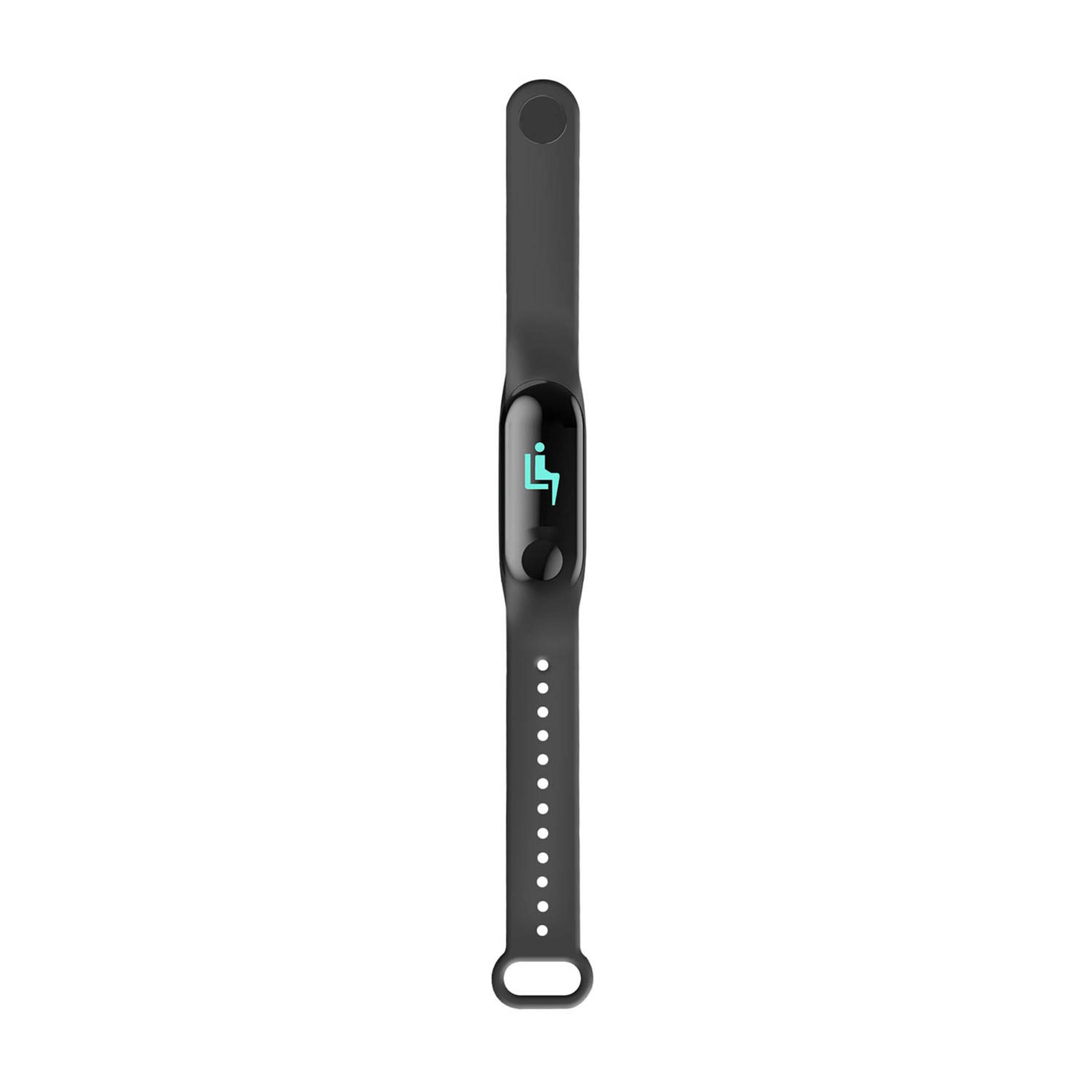Braccialetto fitness nero con icona blu sul display.
