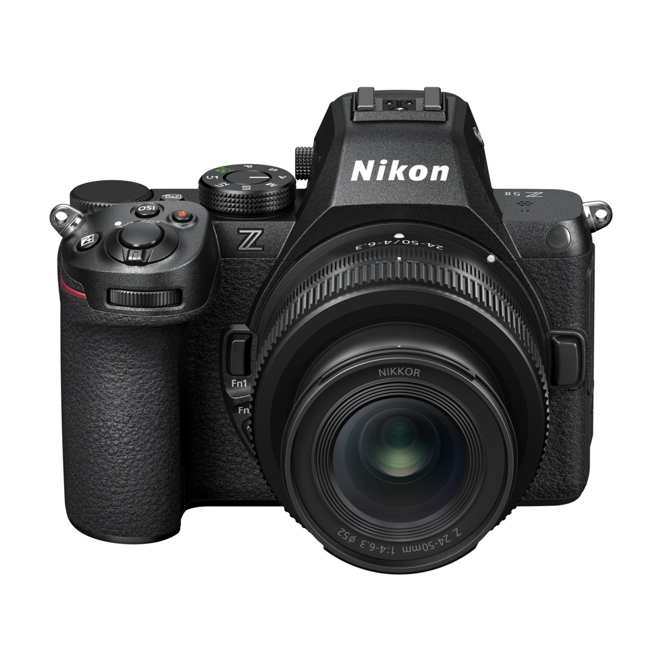Fotocamera Nikon Z nera con obiettivo, scritte e controlli bianchi.