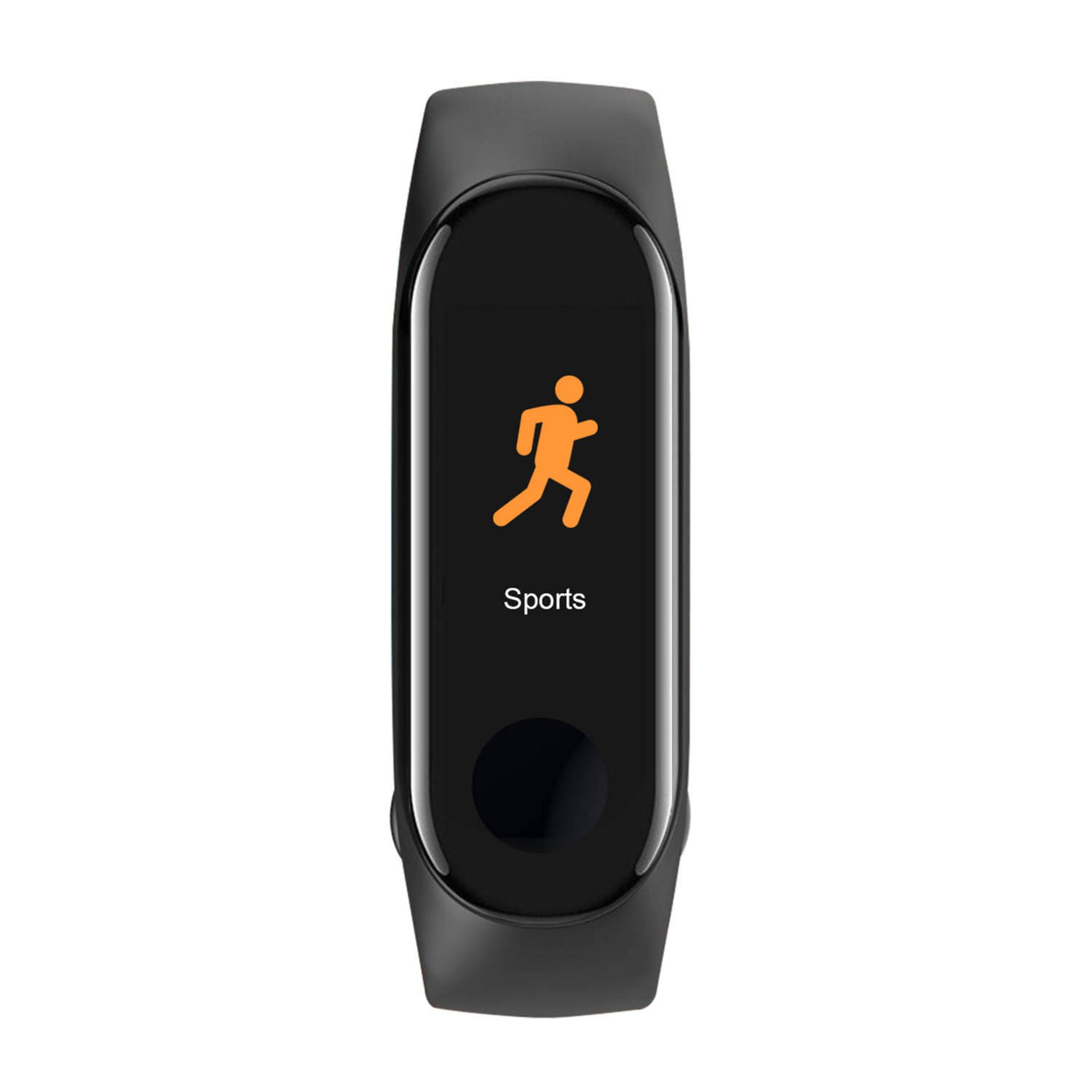 Un fitness band nero mostra una figura di corridore arancione e la parola 'Sports'.