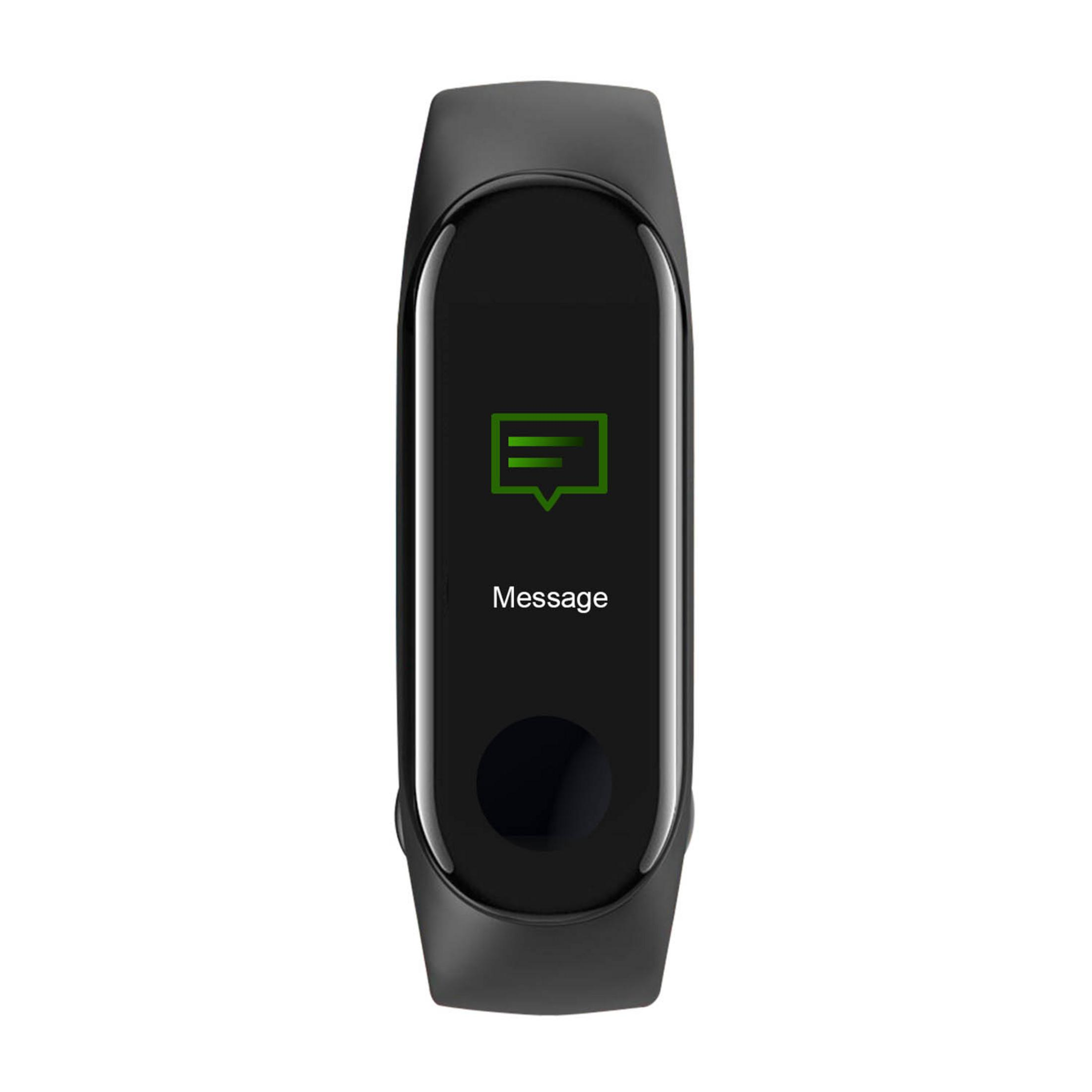 Un fitness band nero mostra un'icona verde di messaggio e la parola 'Message'.