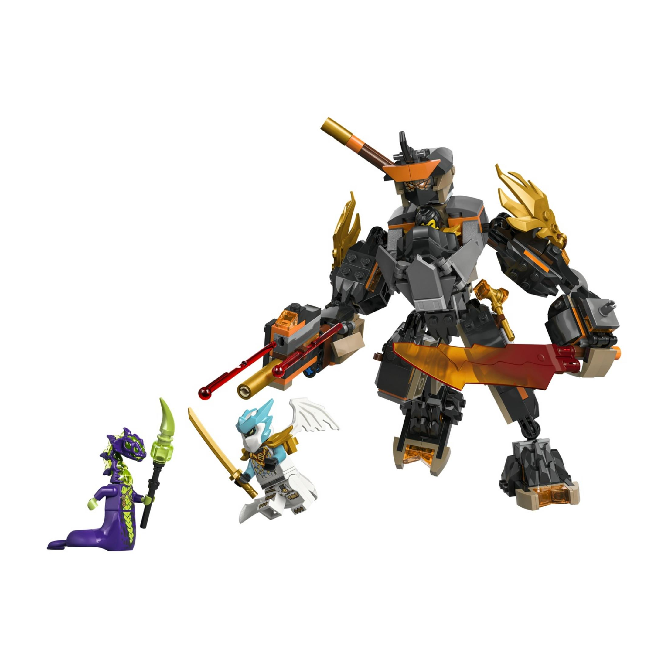 Un gran mecha gris con detalles dorados junto a dos figuras más pequeñas.