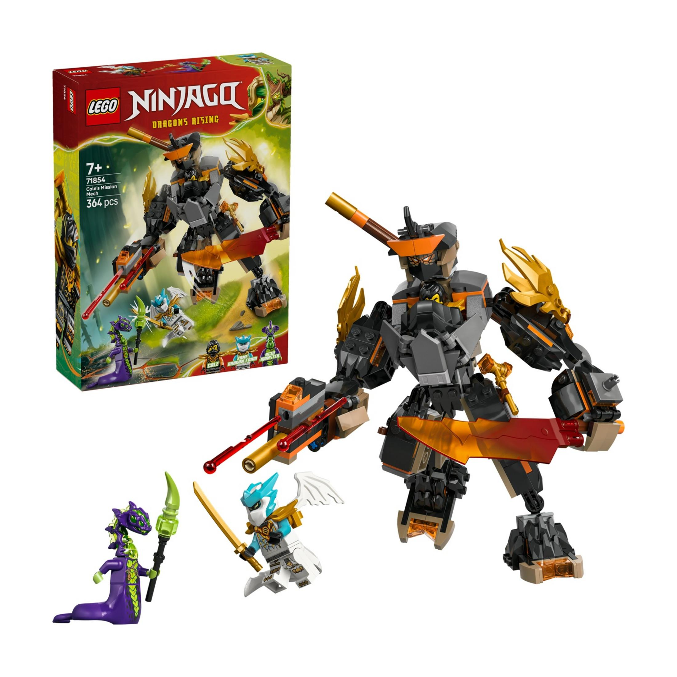 Un mecha Lego Ninjago Misión de Cole con figuras y caja. Mecha gris con detalles naranjas.