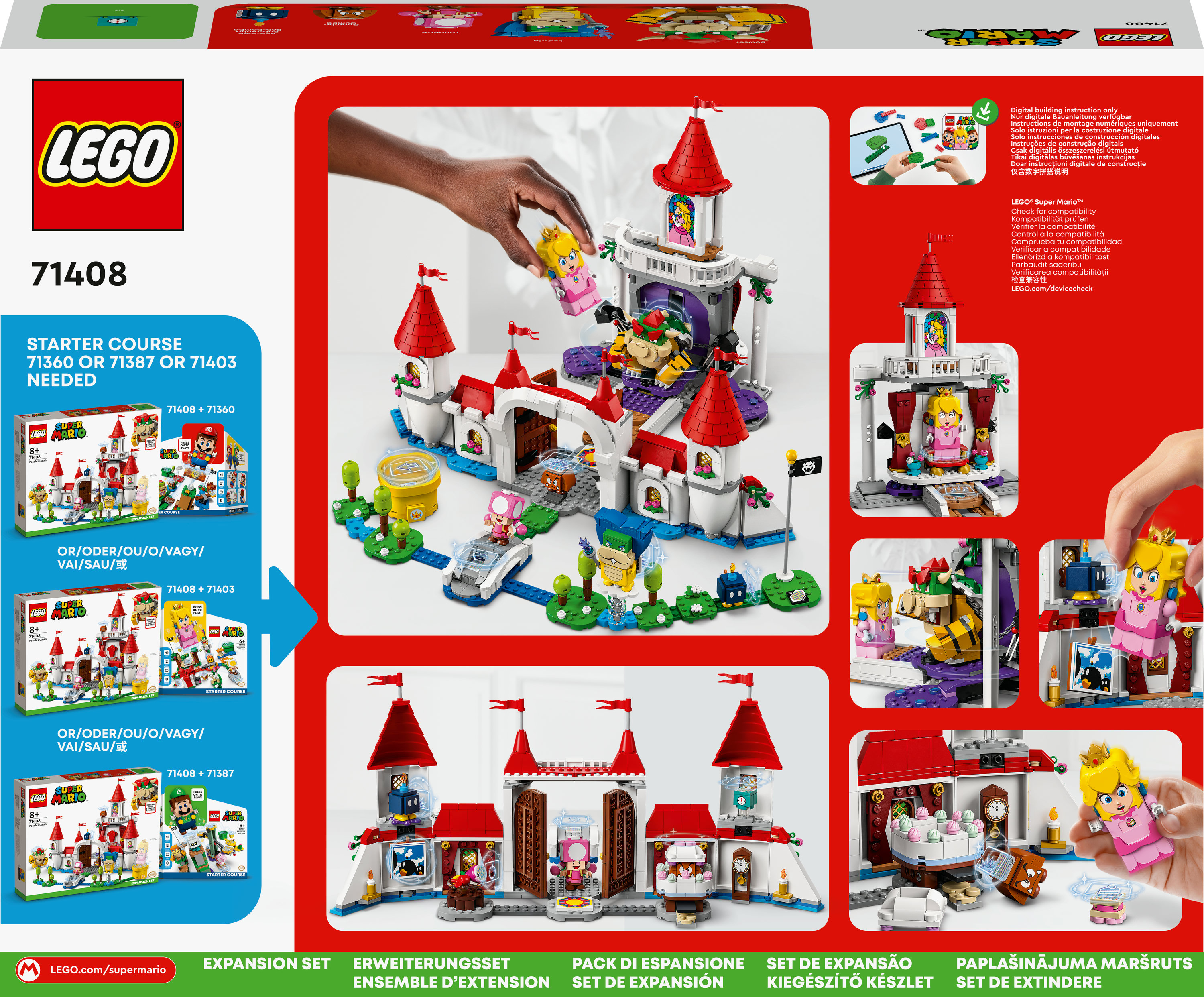 LEGO Peach Kasteel met figuren, handen en bouwinstructie schermen.