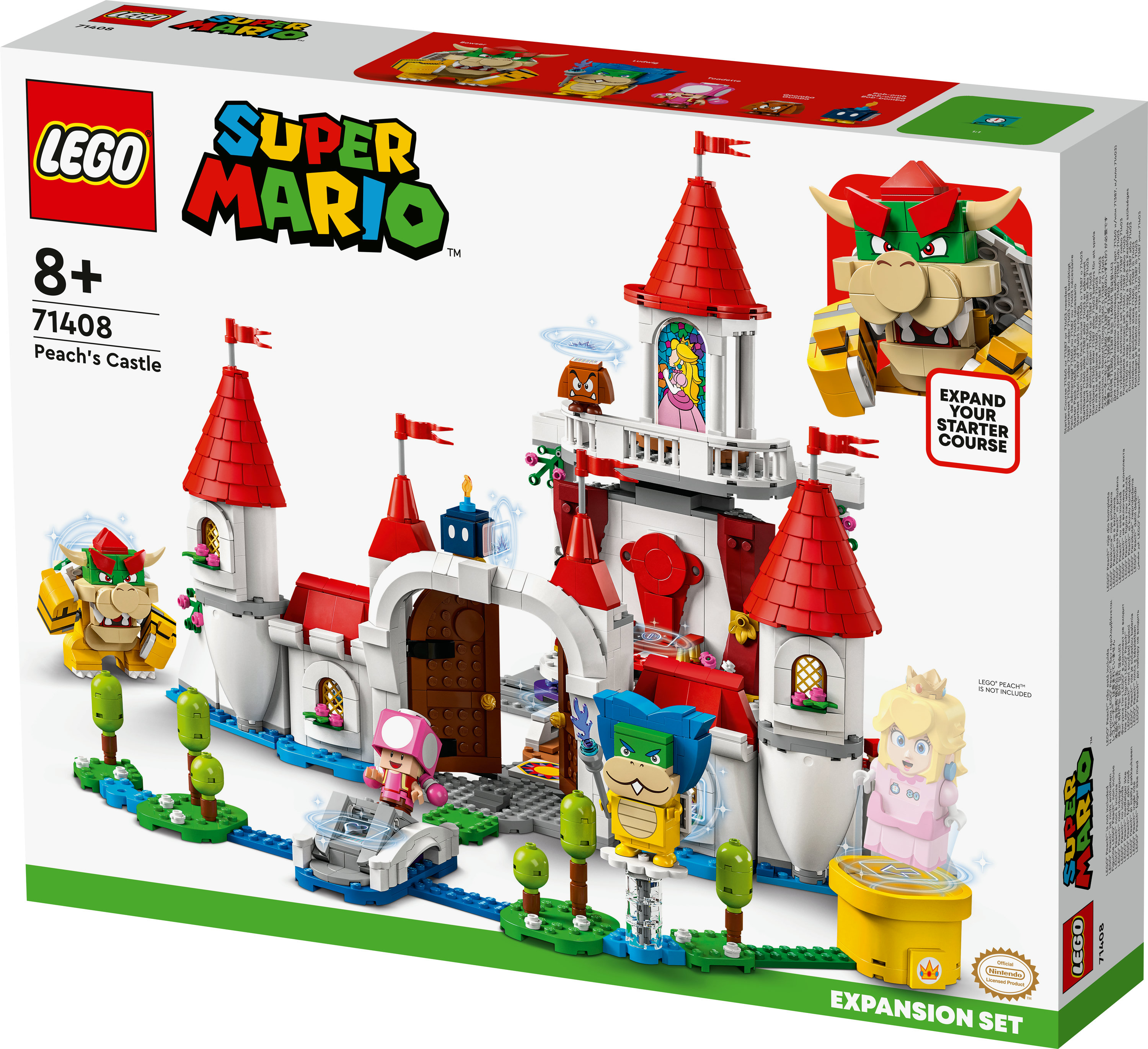LEGO Super Mario "Peach's Castle" uitbreidingsset met Bowser, Toadette en Ludwig figuren.