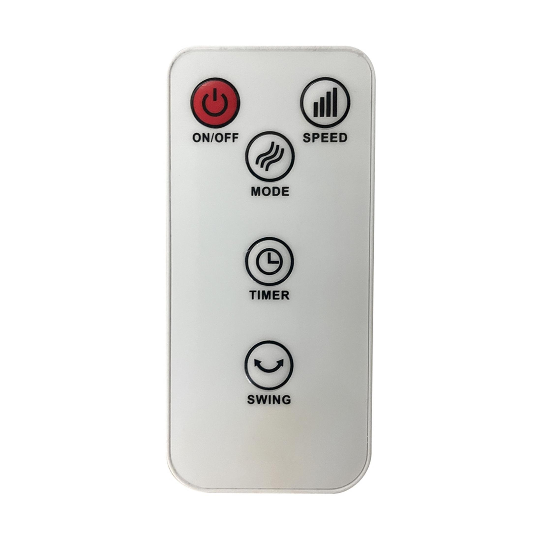 Mando a distancia blanco con botones para encendido/apagado, velocidad, modo, temporizador y oscilación.
