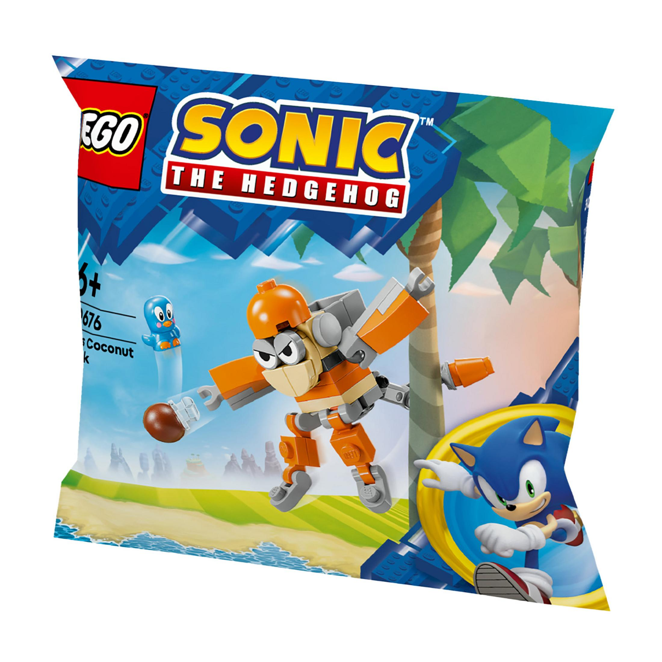 LEGO Sonic-Tüte mit einem orangefarbenen Roboter, Sonic und einem blauen Vogel.