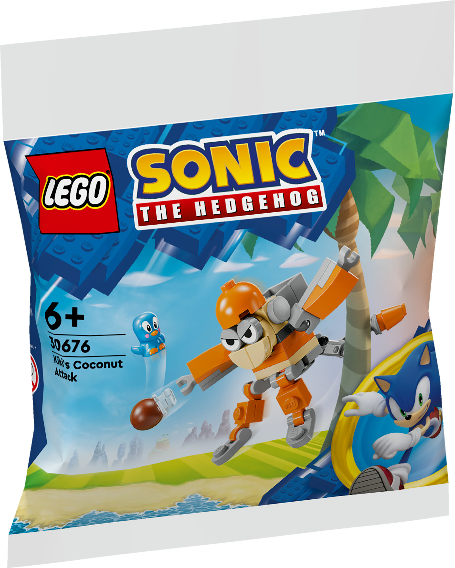 Lego-Packung mit Sonic und einem orangefarbenen Roboter, der eine Kokosnuss wirft.