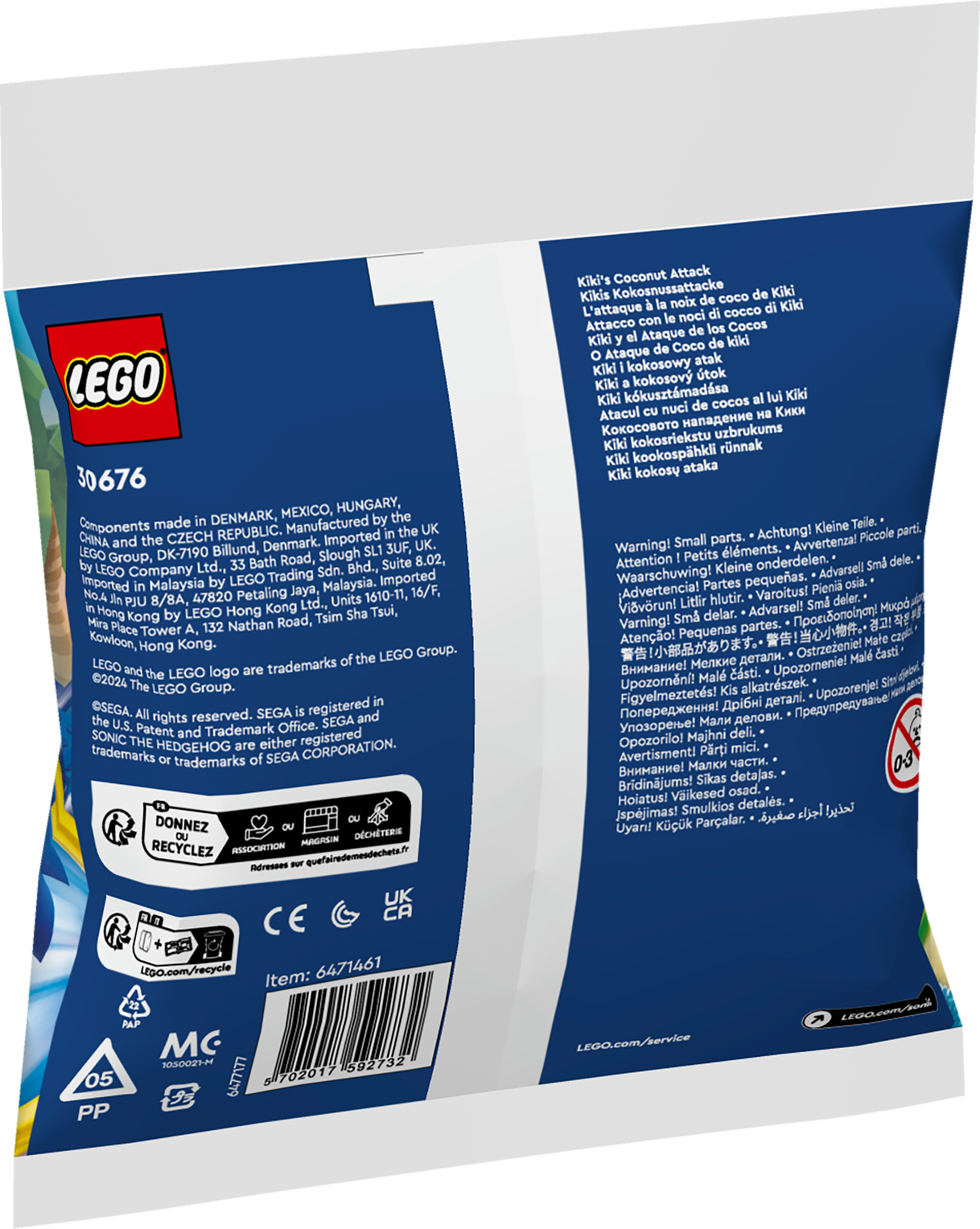 LEGO-Verpackung mit Produktnummer, Warnhinweisen und Recycling-Symbolen.