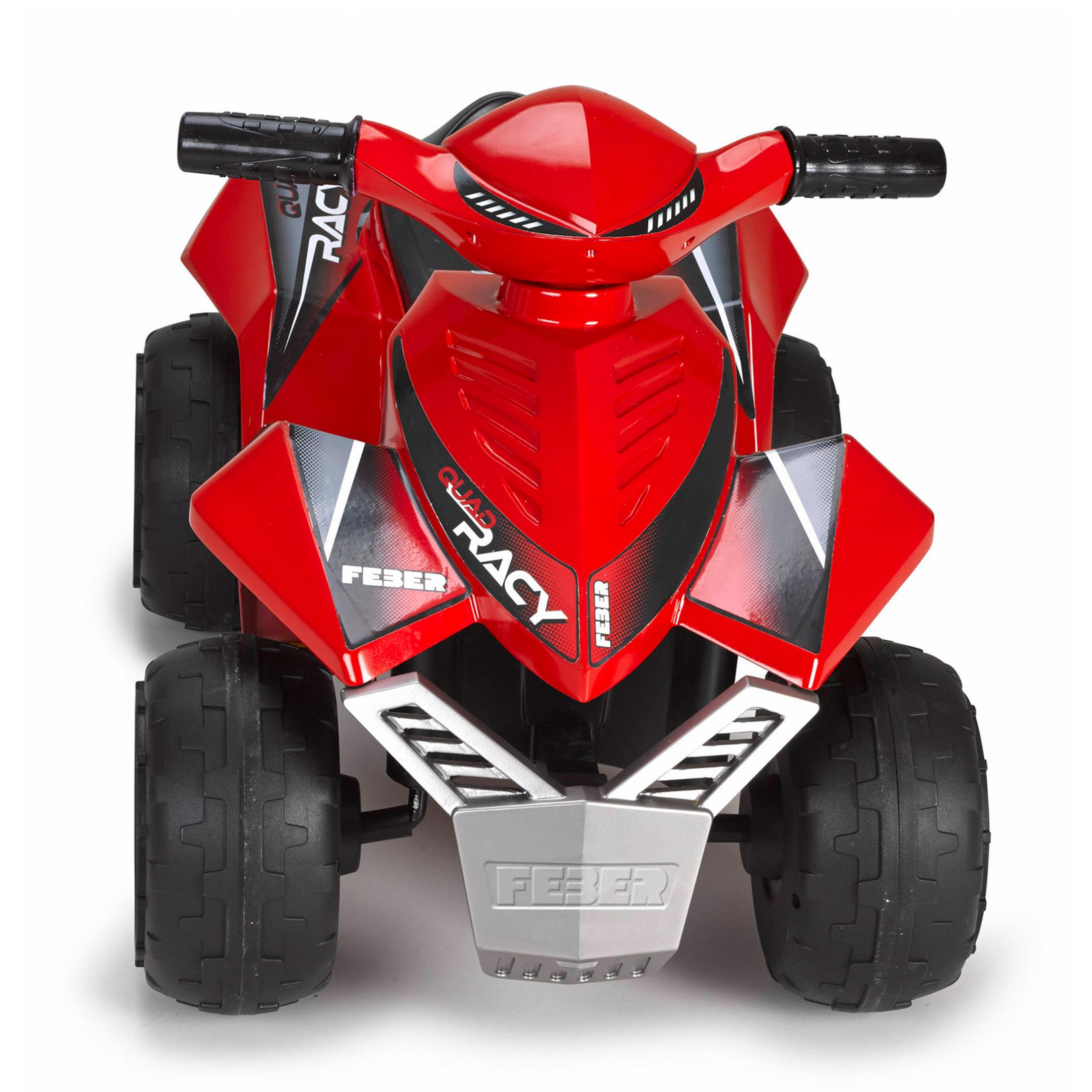 Un quad Feber rosso con manopole e ruote nere, su sfondo bianco.