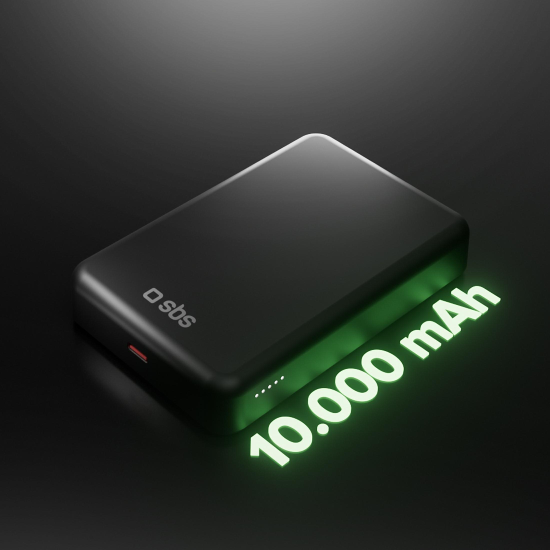Caricabatterie power bank nero da 10.000 mAh con logo SBS.