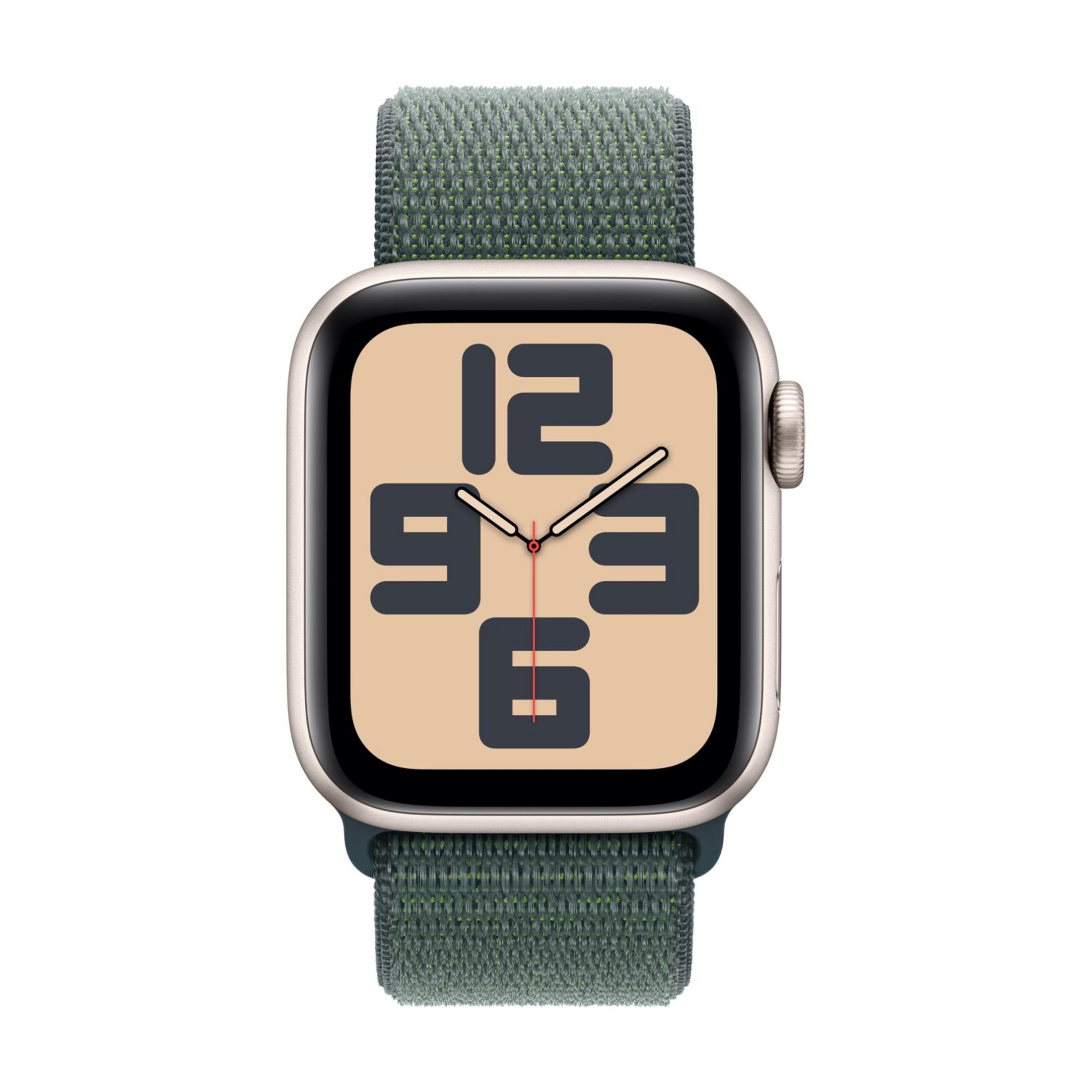 Złoty Apple Watch z zieloną plecioną bransoletą i cyfrową tarczą.