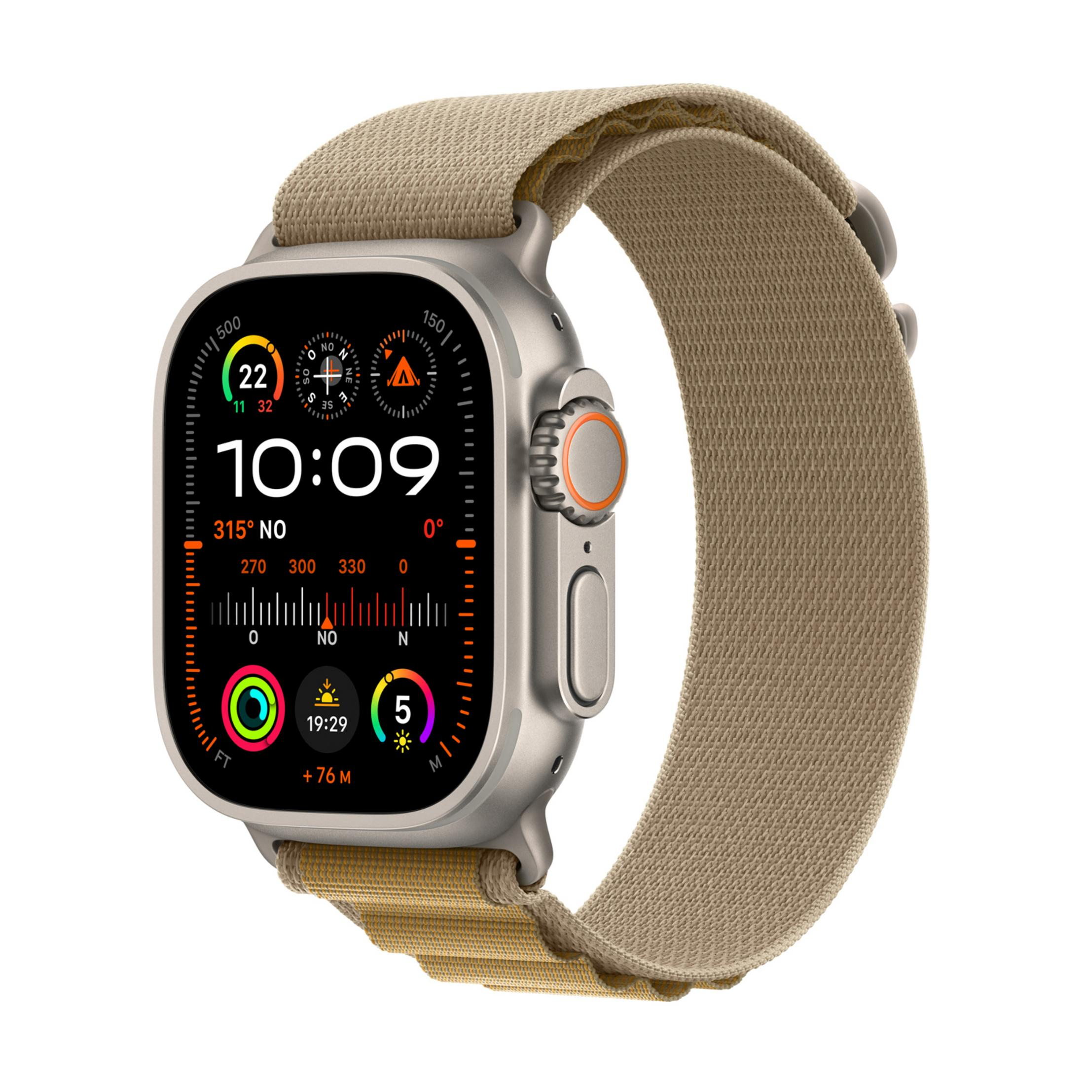 Orologio smart argento con cinturino in tessuto marrone e quadrante dettagliato.