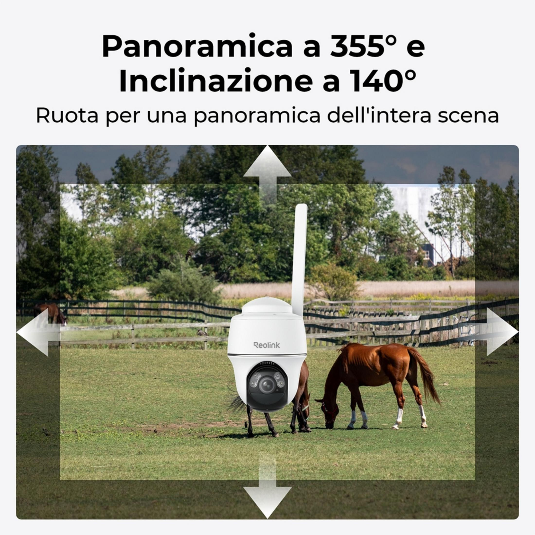 Biała kamera Reolink z anteną stoi na trawie, dwa konie pasą się.
