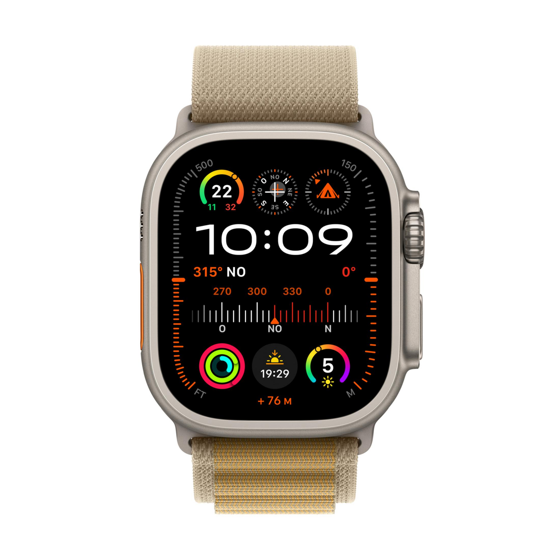 Smartwatch grigio con cinturino in tessuto beige e quadrante dettagliato.