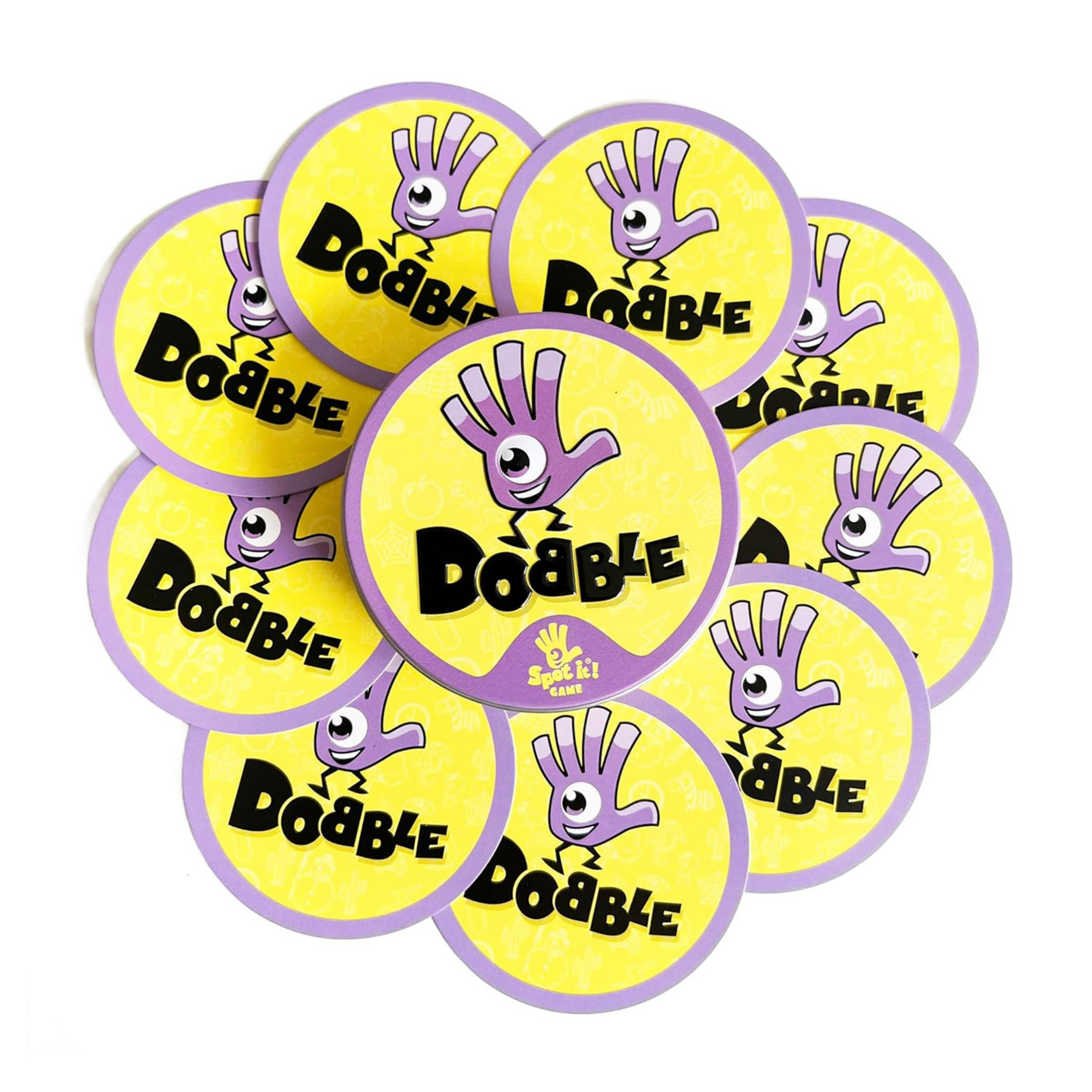Carte rotonde con bordo viola e sfondo giallo, con un personaggio a mano.