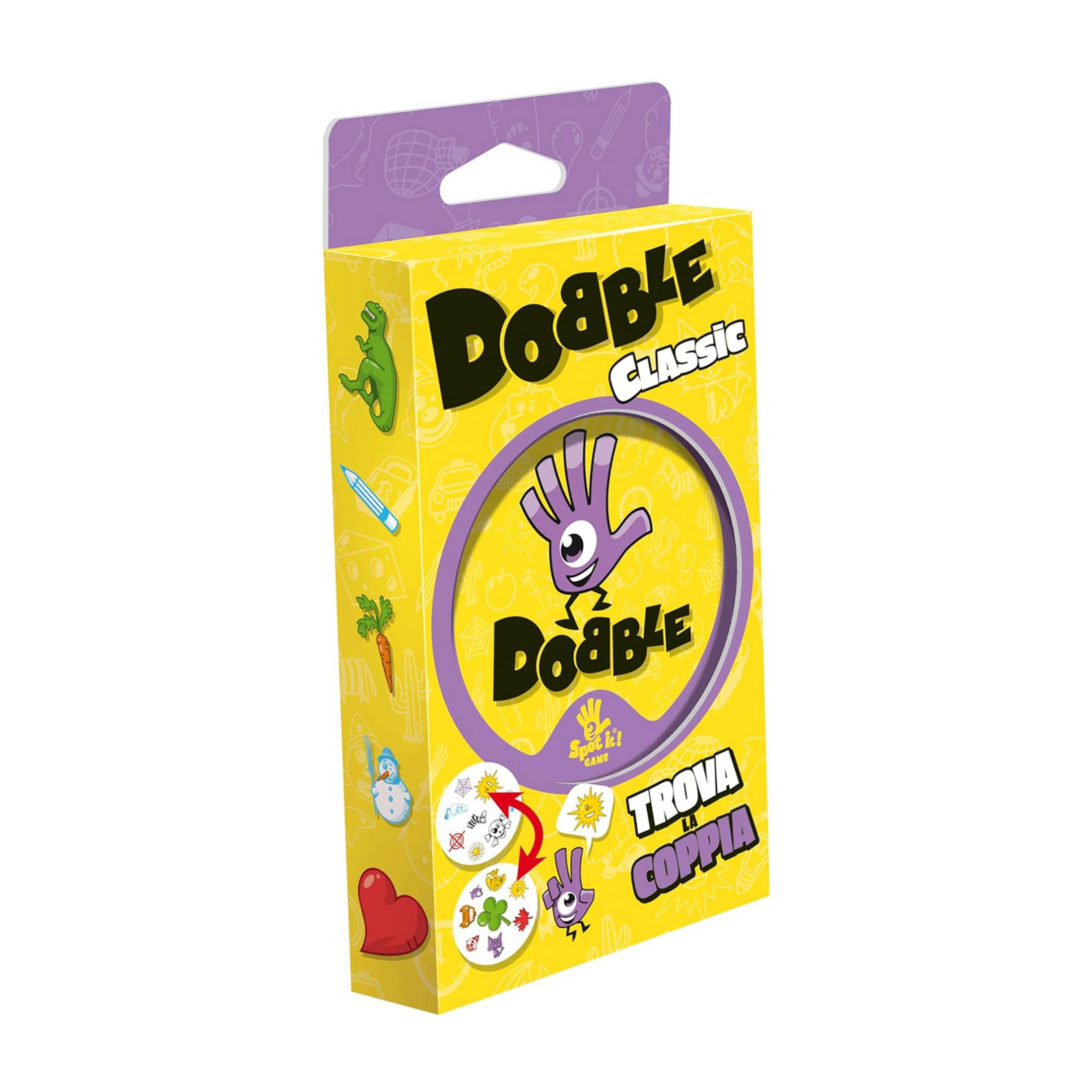 Confezione del gioco Dobble Classic con immagini colorate di animali e simboli.