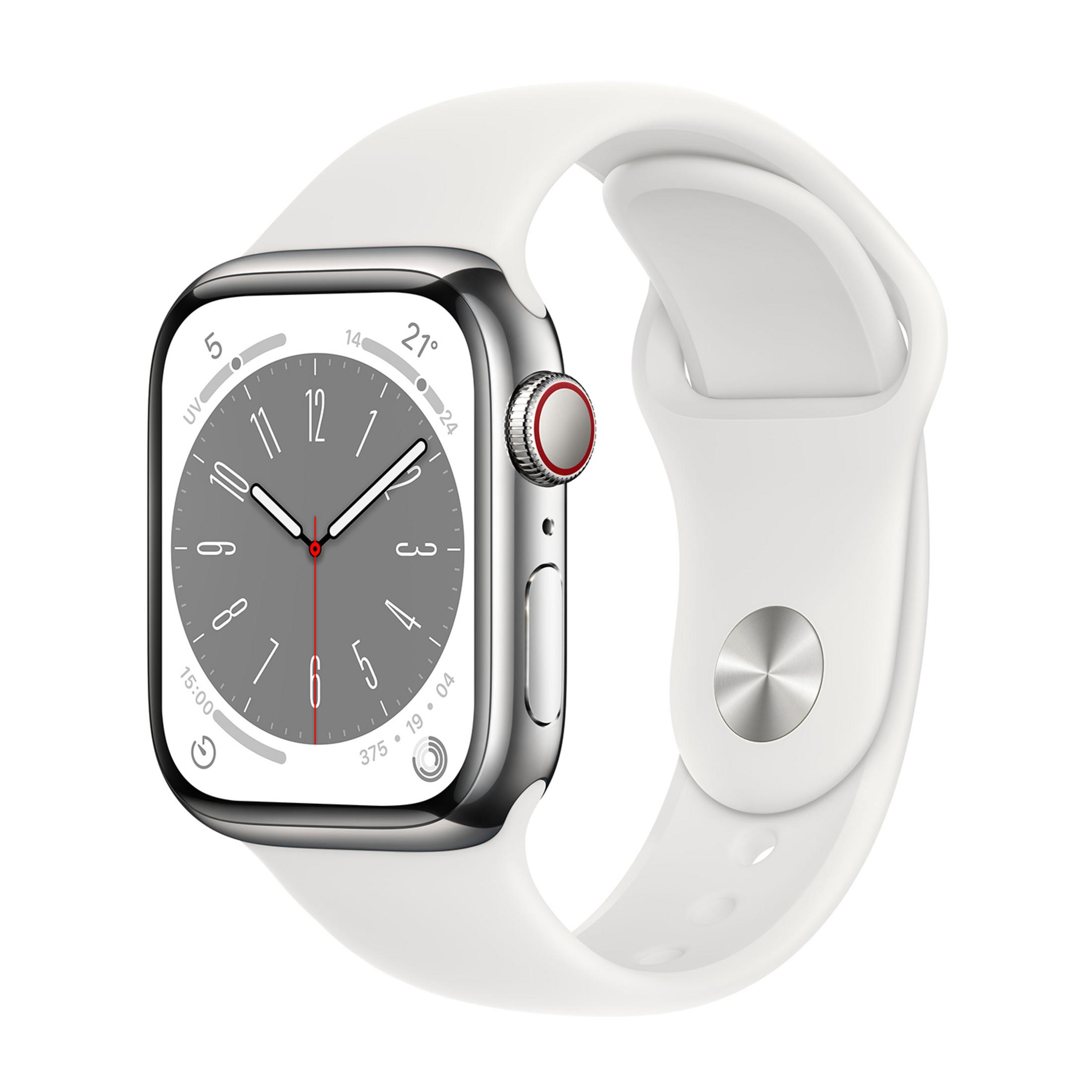 Eine weiße Smartwatch mit silbernem Gehäuse und einem Zifferblatt, das 15:00 Uhr anzeigt.