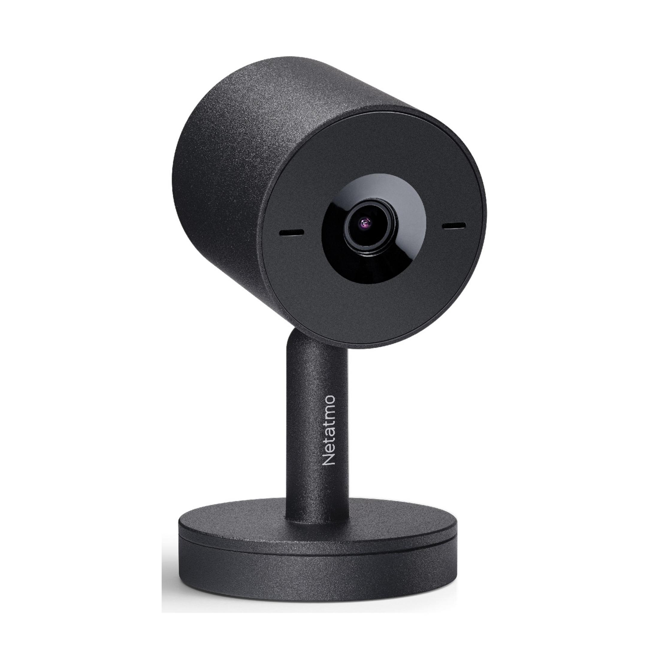 Schwarze Netatmo Überwachungskamera auf rundem Sockel.