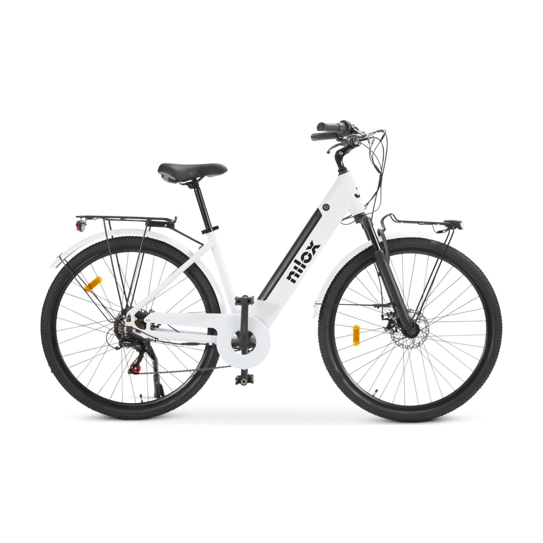 Biały rower elektryczny Nílox z bagażnikiem przednim i tylnym, na białym tle.