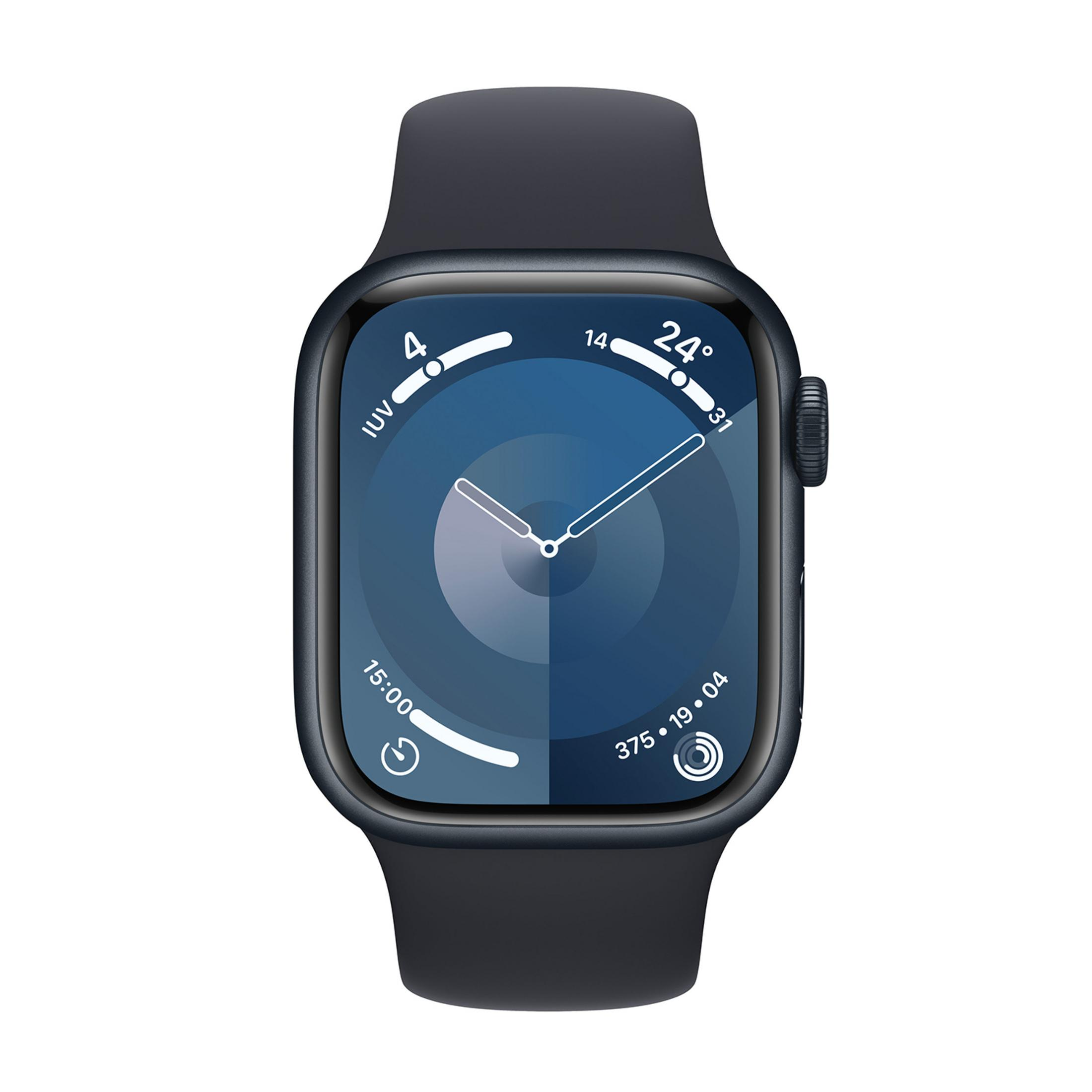 Un Apple Watch gris oscuro con esfera azul que muestra varias complicaciones.