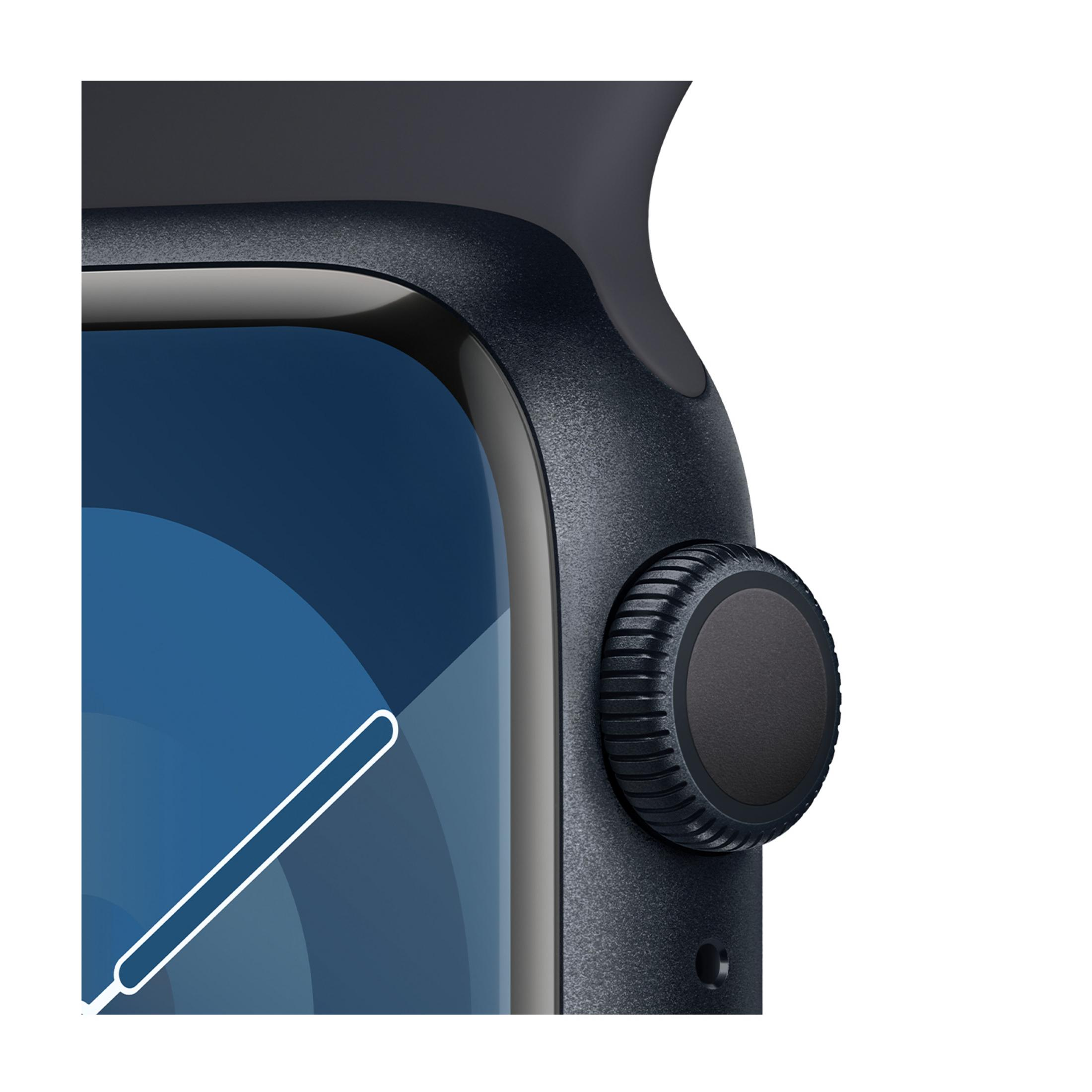 Primer plano de un reloj inteligente oscuro con corona digital y pantalla azul.