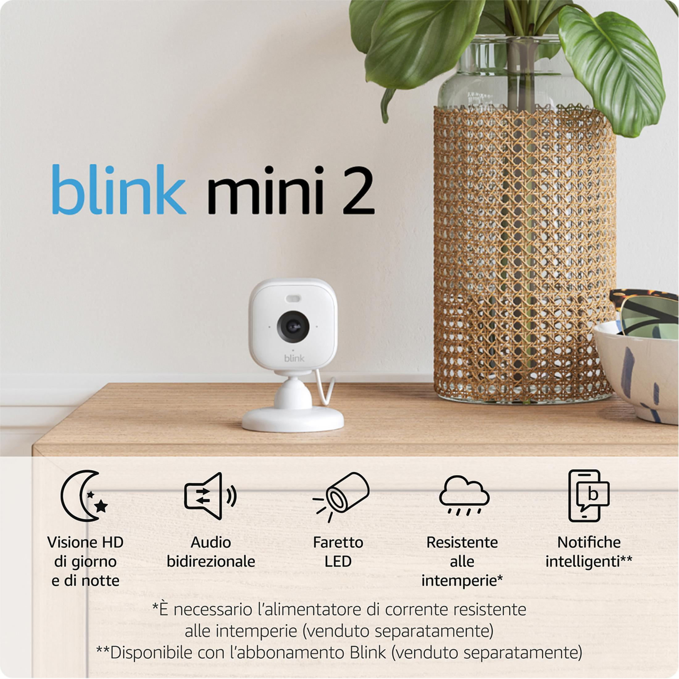 Kamera Blink Mini 2 z ikonami do widzenia w dzień/noc HD, dwukierowego dźwięku, reflektora LED, odporności na warunki pogodowe i powiadomień.