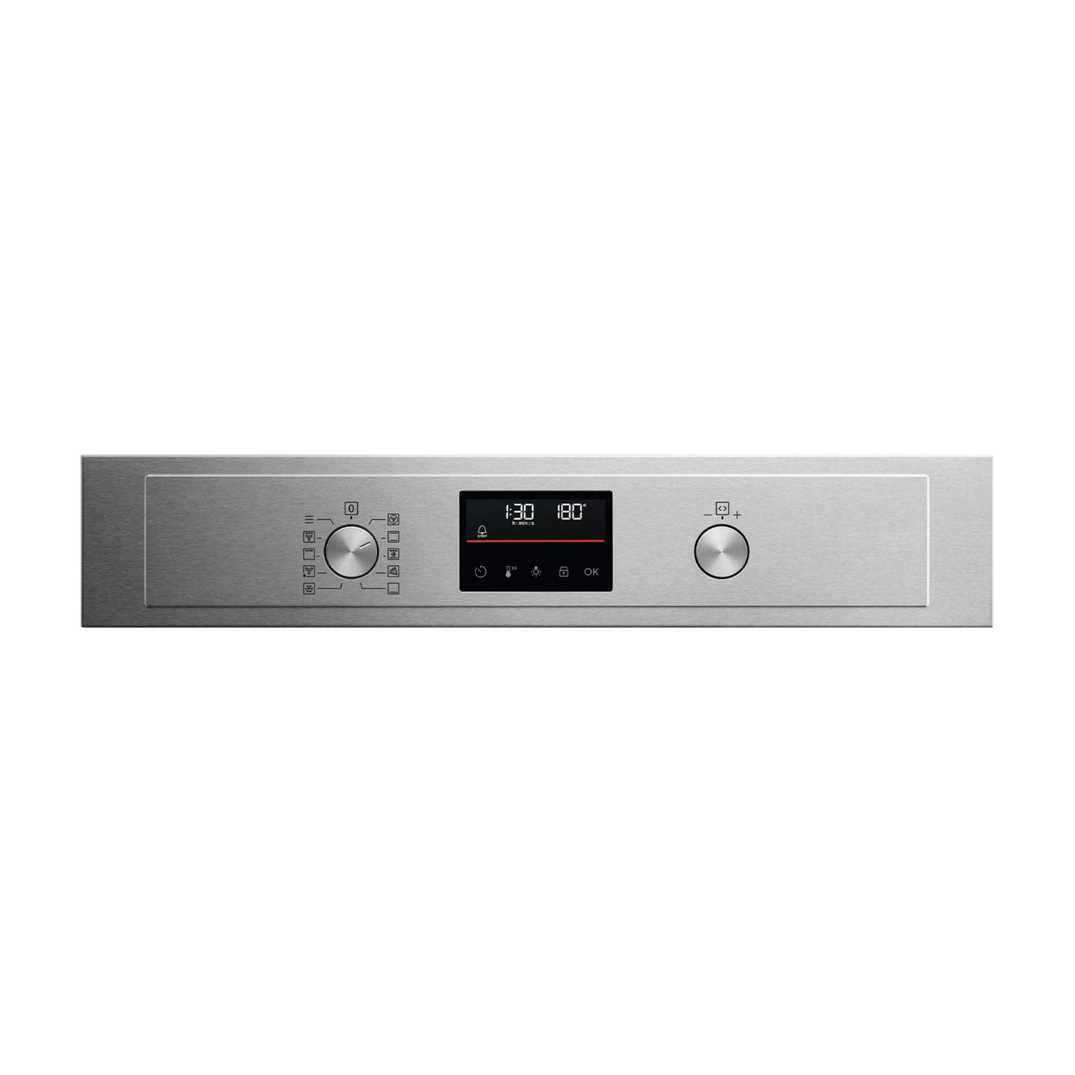 Pannello di controllo forno in acciaio inox con display digitale e manopole rotanti.