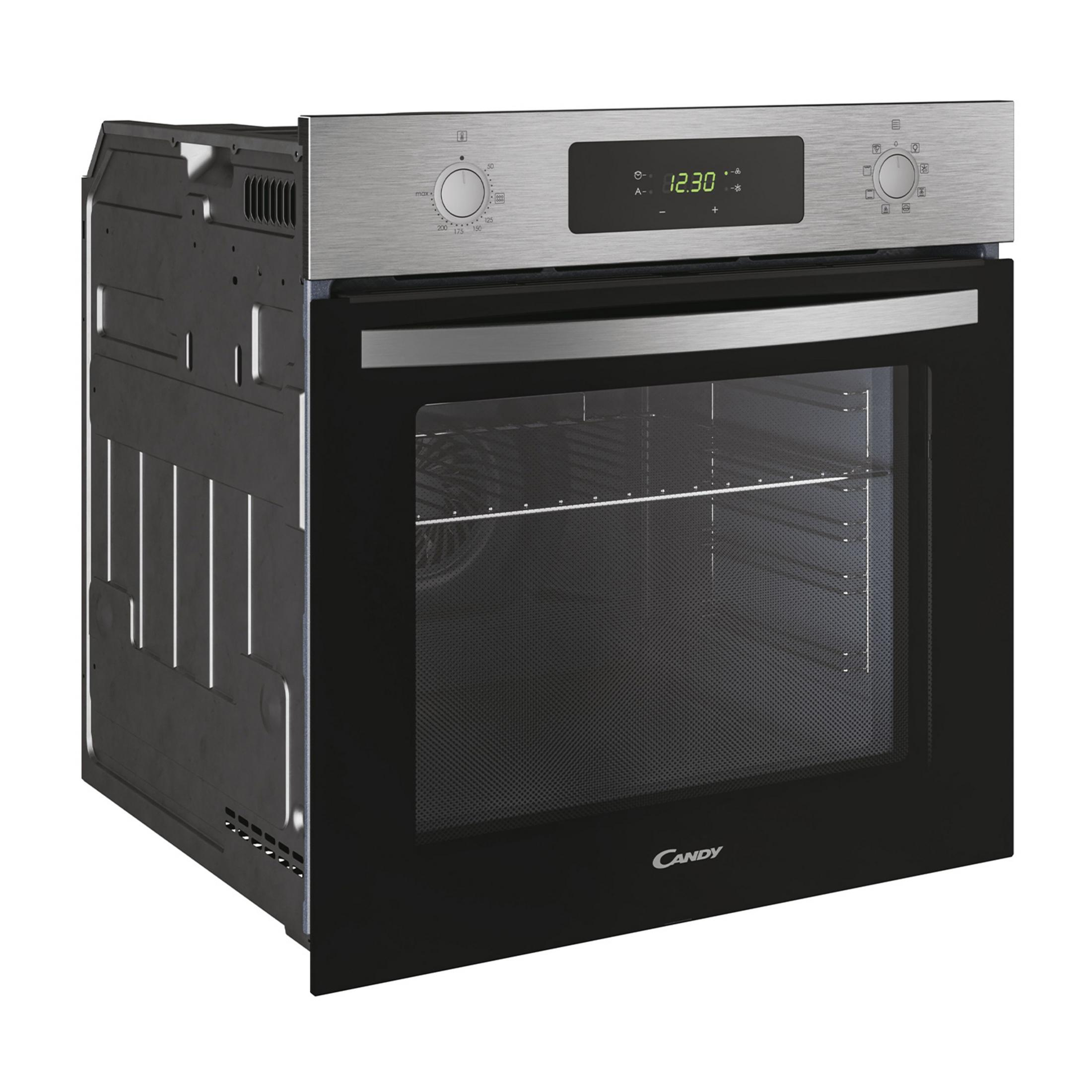 Un forno da incasso moderno con finitura in acciaio inox, porta in vetro nero e display digitale.