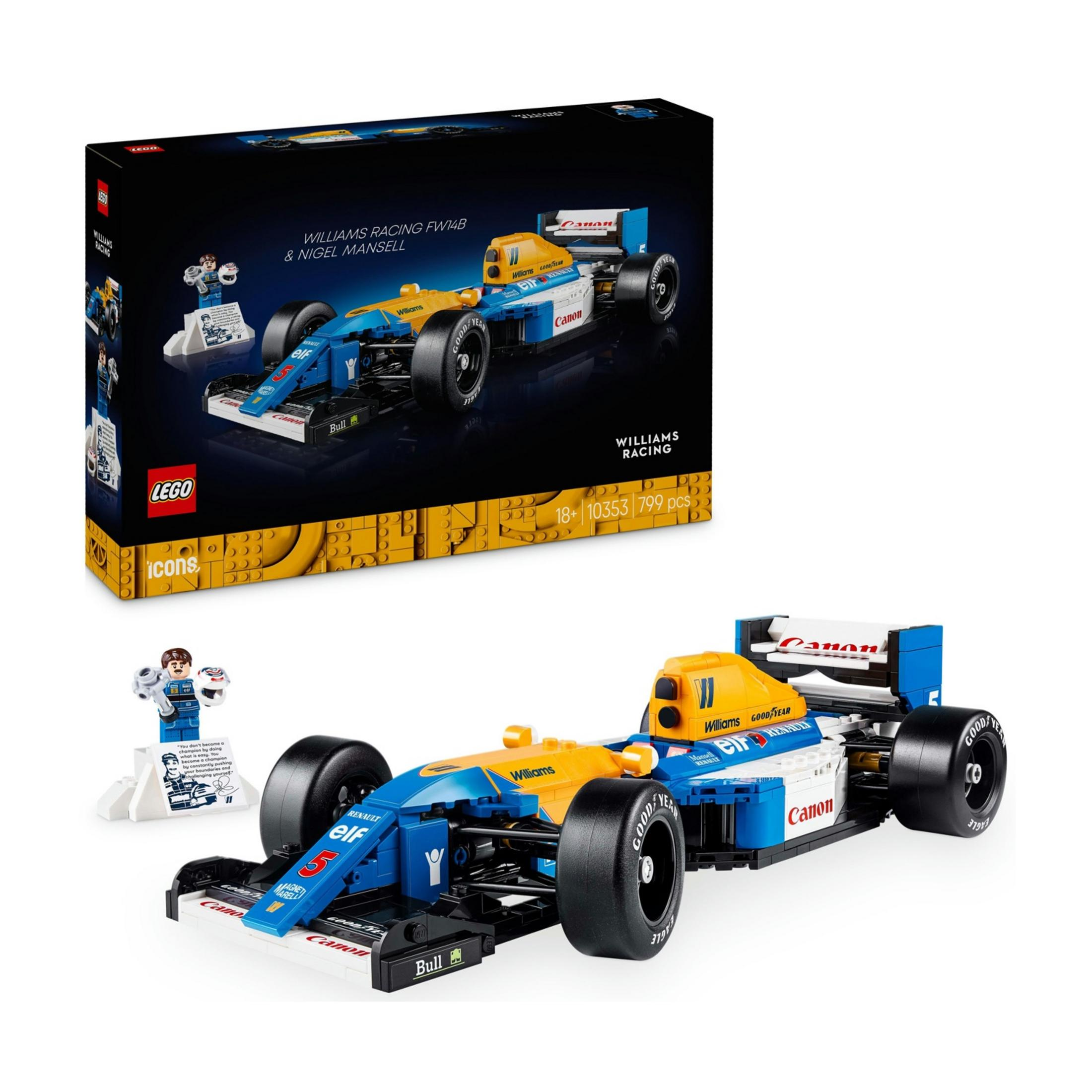 Zestaw LEGO samochodu F1 Williams i Nigel Mansell z pudełkiem i ludzikiem.